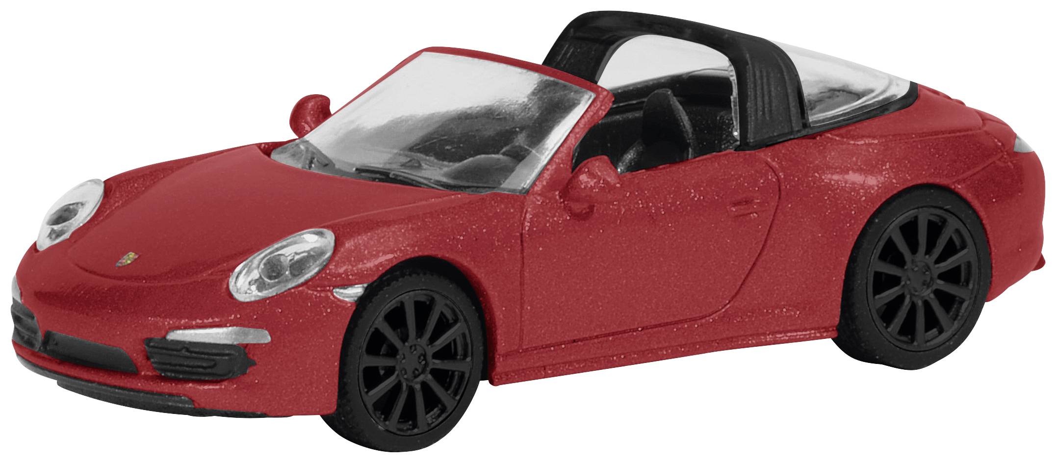 Červené modelové auto sportovního vozu s černou střechou a ráfky, pravděpodobně kabriolet.