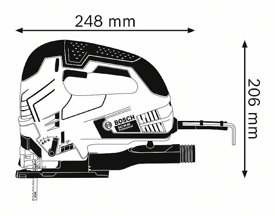 Elektrická přímočará pila značky Bosch o výšce 206 mm a délce 248 mm.