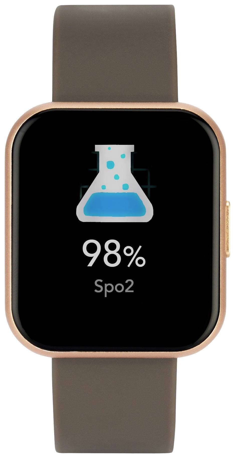 Chytré hodinky s hnědým řemínkem zobrazují symbol sklenice a '98% SpO2' na displeji, což představuje hodnotu saturace kyslíkem.