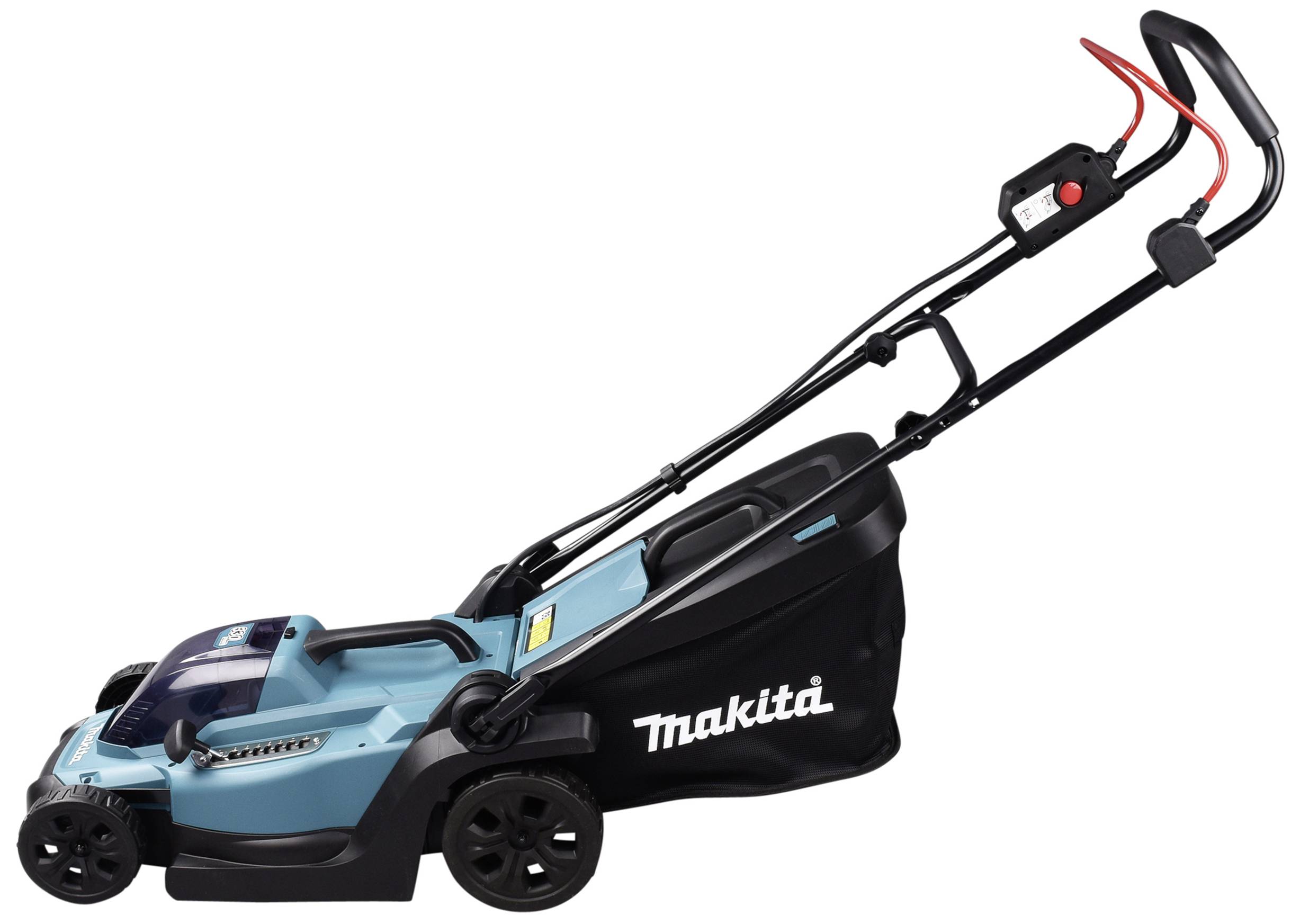 Modrý elektrický sekací stroj značky Makita s černou rukojetí a sběrným košem stojí vzpřímeně na bílém pozadí.