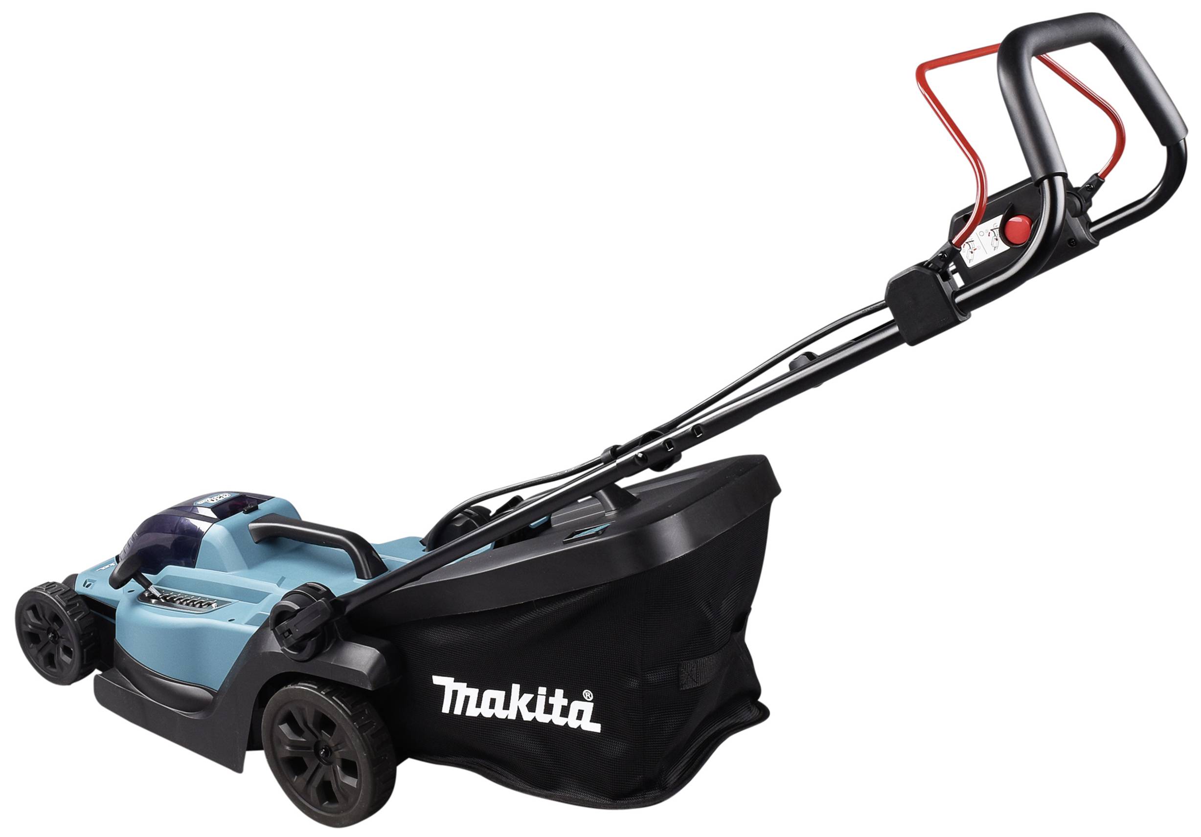 Modrá elektrická sekačka značky Makita s černou rukojetí a sběrným košem, vhodná pro údržbu trávníku.