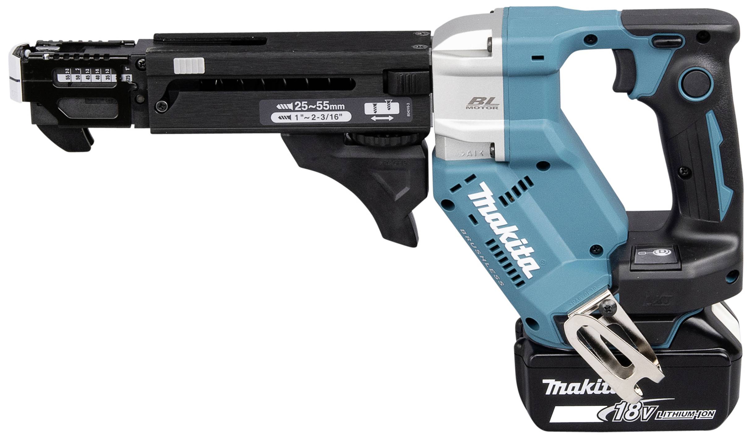 Aku šroubovák Makita 18V s nástavcem na zásobník pro rychlošrouby, černé a světle modré barvy, vhodný pro šrouby 25-55 mm.