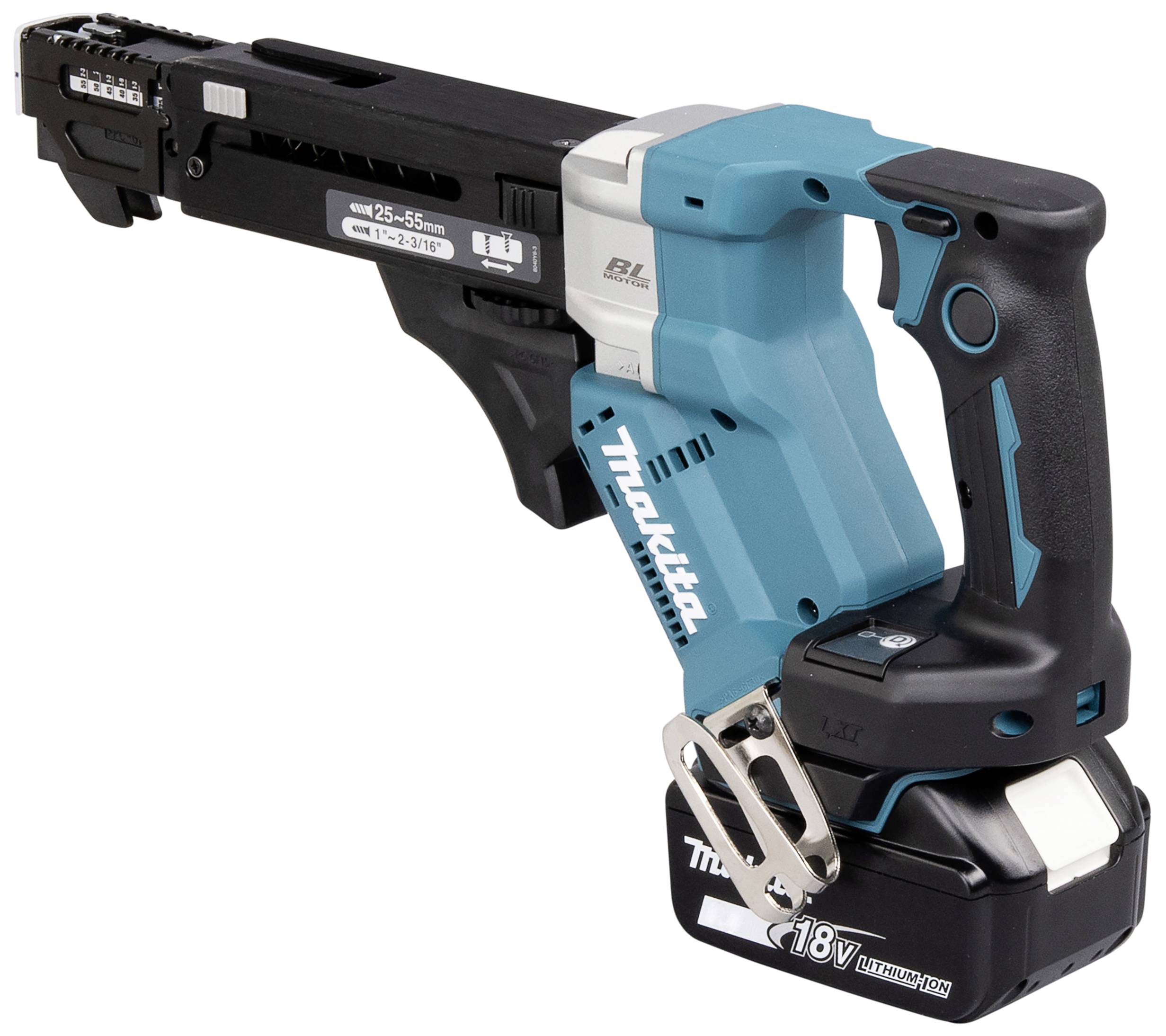 Akumulátorový šroubovák v modré a černé barvě od Makity, s nápisem '18V Lithium-Ion'. Vhodný pro rychlé upevňování šroubů.