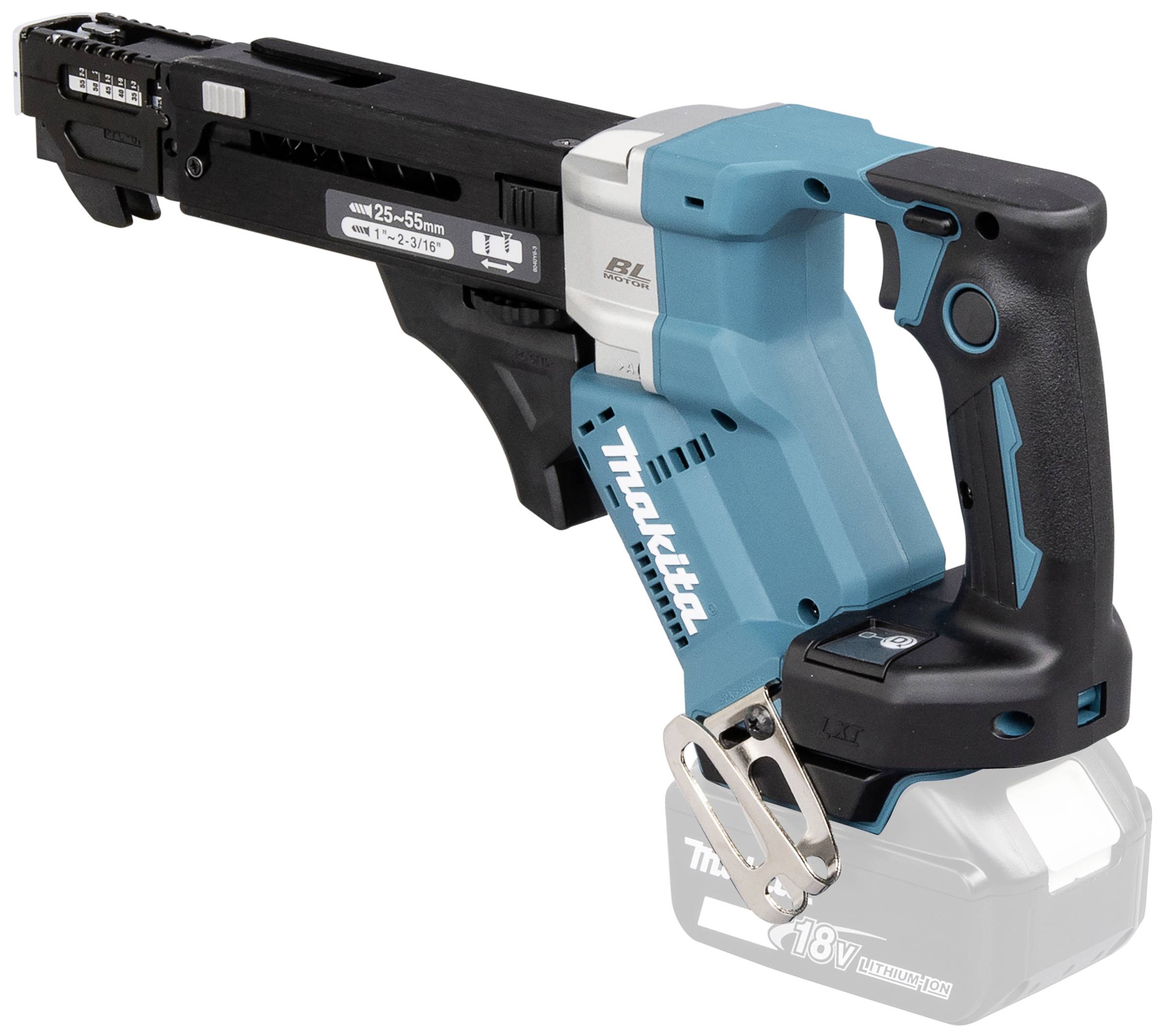 Akumulátorový šroubovák Makita s modro-černým tělem a ergonomickou rukojetí. Vhodný pro šrouby o délce 25-55 mm, baterie 18V.