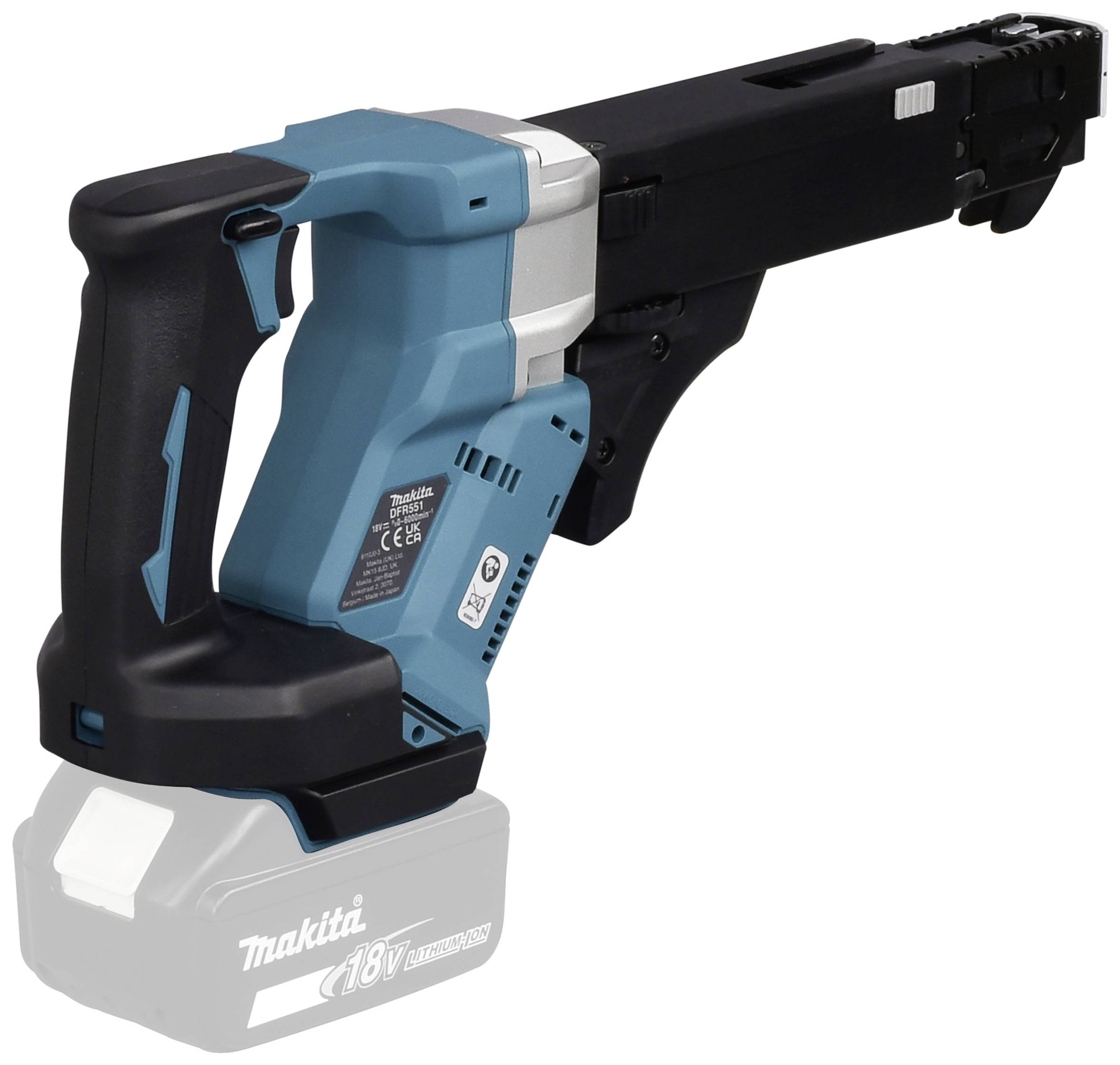 Bezdrátový modrý a černý elektrický šroubovák s ergonomickou rukojetí a prostorem pro akumulátor.