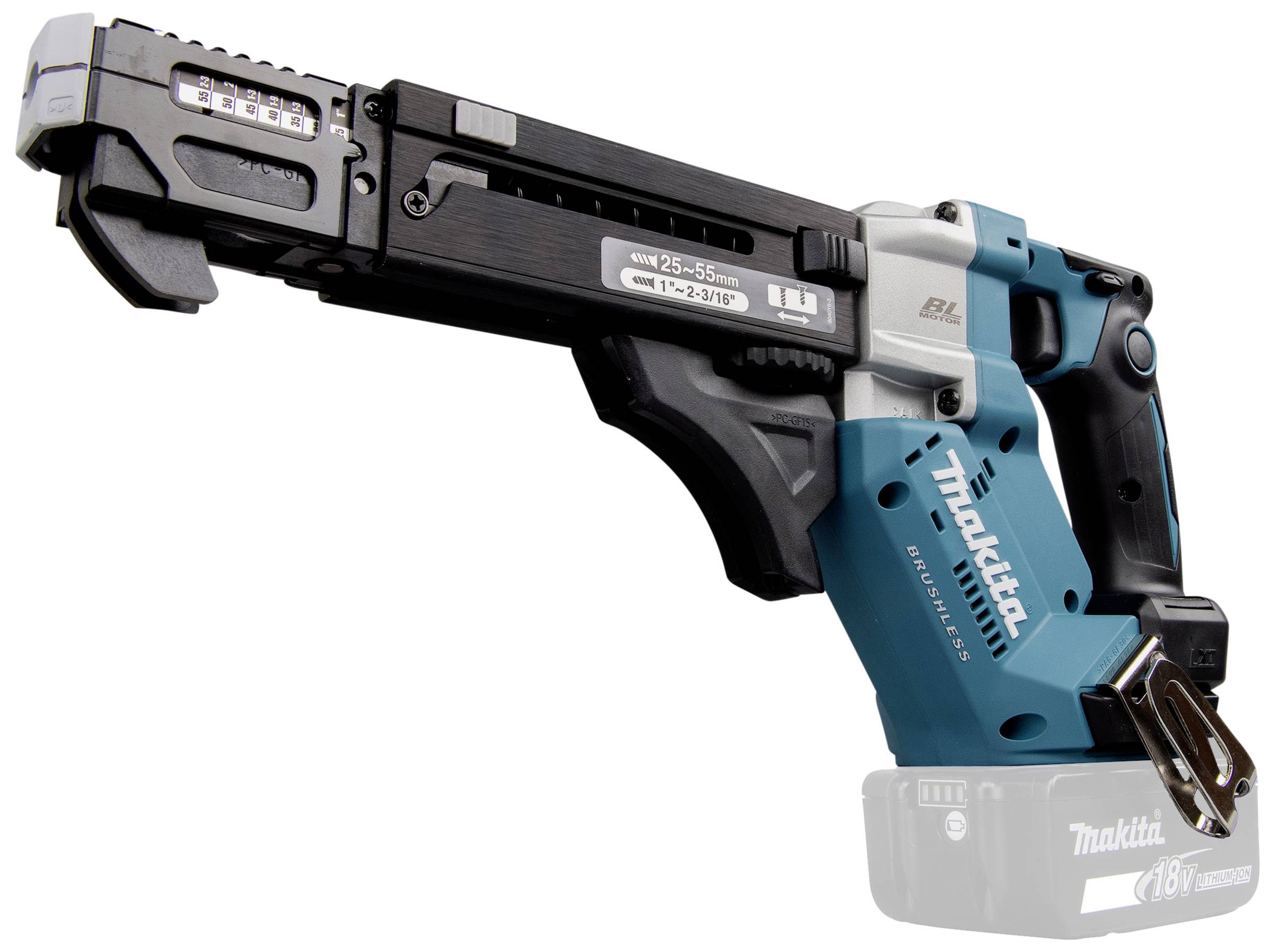 Kompaktní akumulátorový šroubovák Makita, model DFR551Z. Vhodný pro práce v rozsahu 25–55 mm, poháněný 18V akumulátorem.