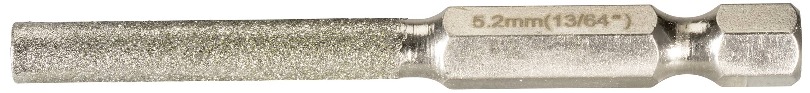 Stříbrný kovový vrták s nápisem '5,2 mm (13/64")', používaný jako nástavec pro vrtání nebo šroubování.