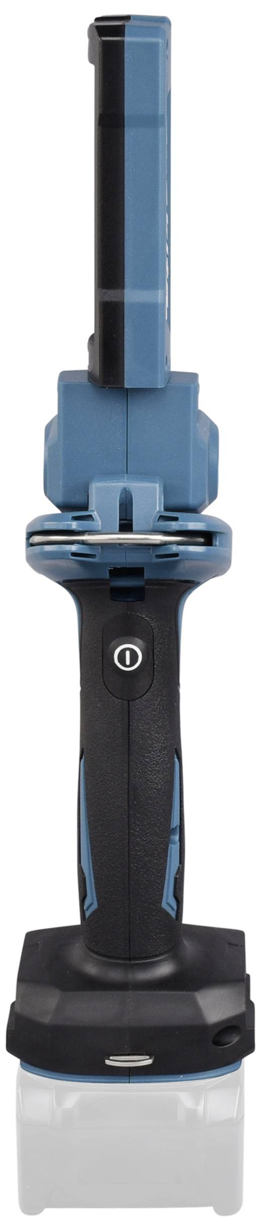 Přenosná modrá pracovní lampa s nastavitelnou lampovou hlavou a integrovaným spínačem na černé rukojeti.