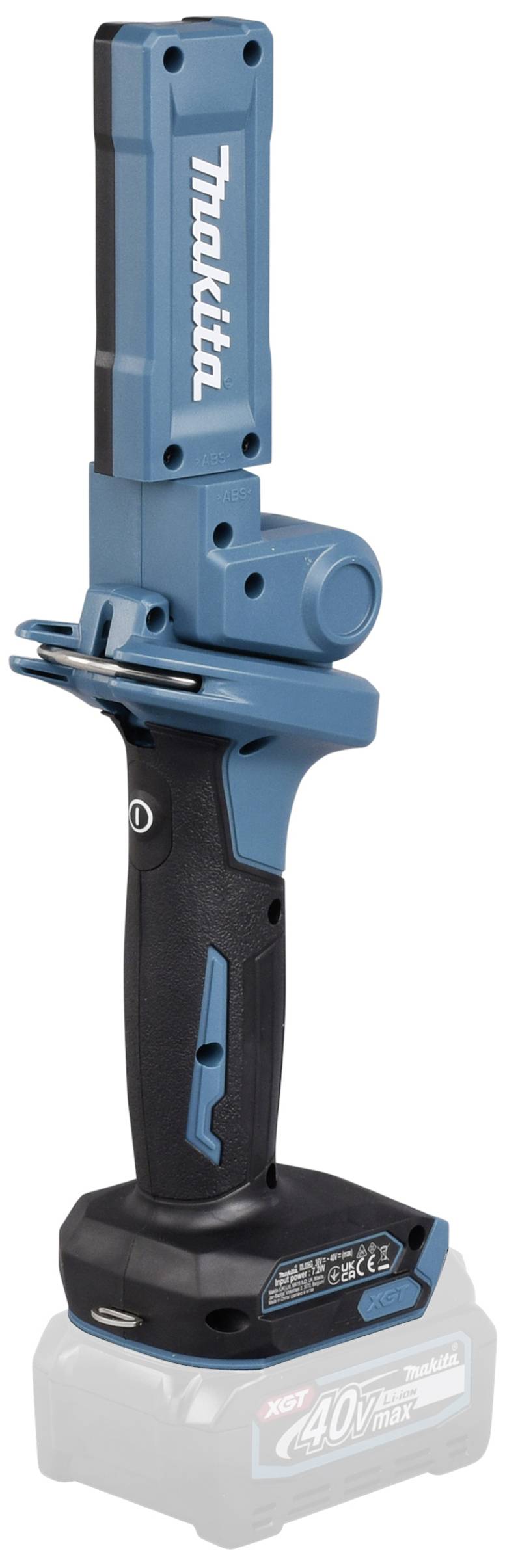 Modrá úhlová bruska napájená akumulátorem, bez nasazené kotouče, značky s bílým logem, postavená vertikálně.