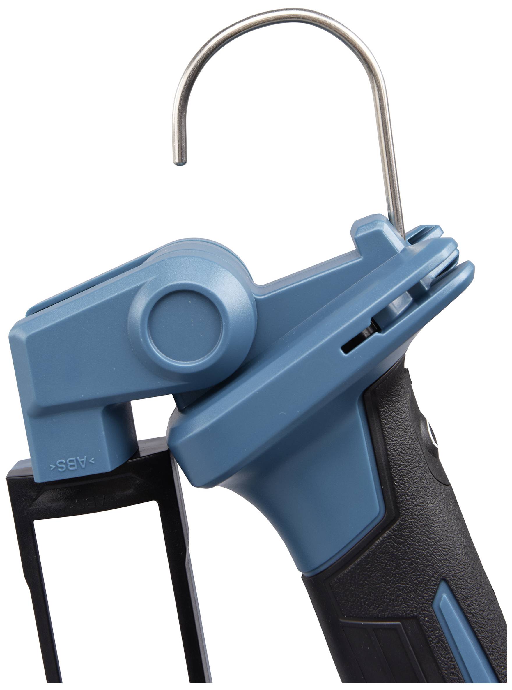 Modré technické zařízení s ohnutým hákem, pravděpodobně rukojeť nástroje.