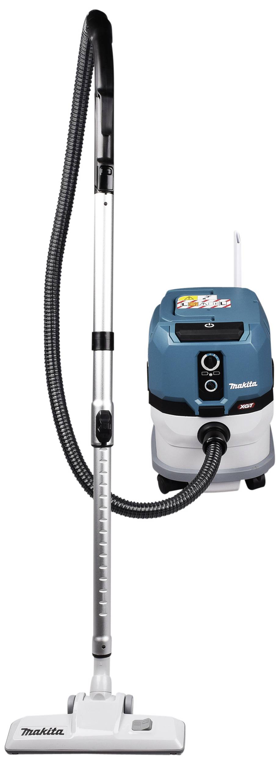 Vysavač 'Makita', vzpřímený model, modro-šedý design. Viditelná prodlužovací trubice a hubice na podlahu. Vhodný pro různé druhy povrchů.