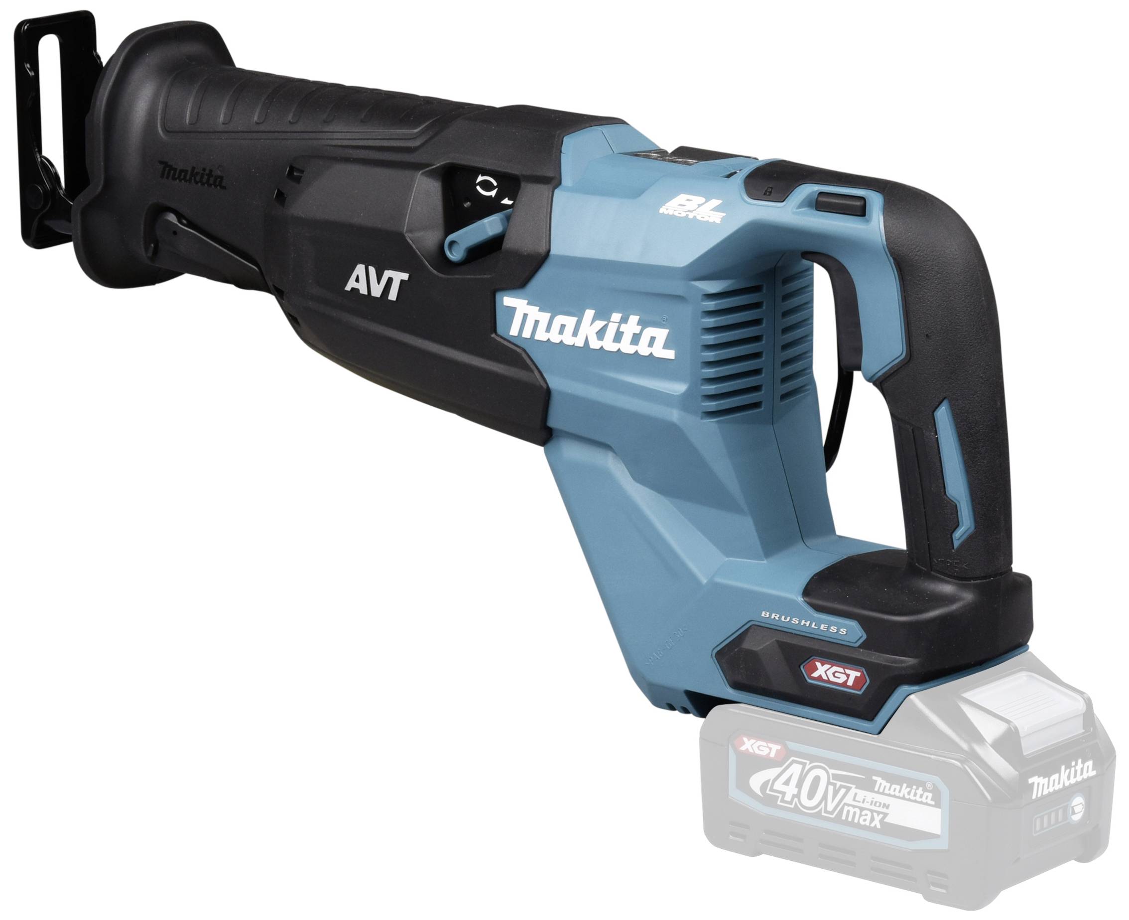 Aku pila Makita XGT, bezdrátová, 40V, modro-černá, s nápisem AVT.