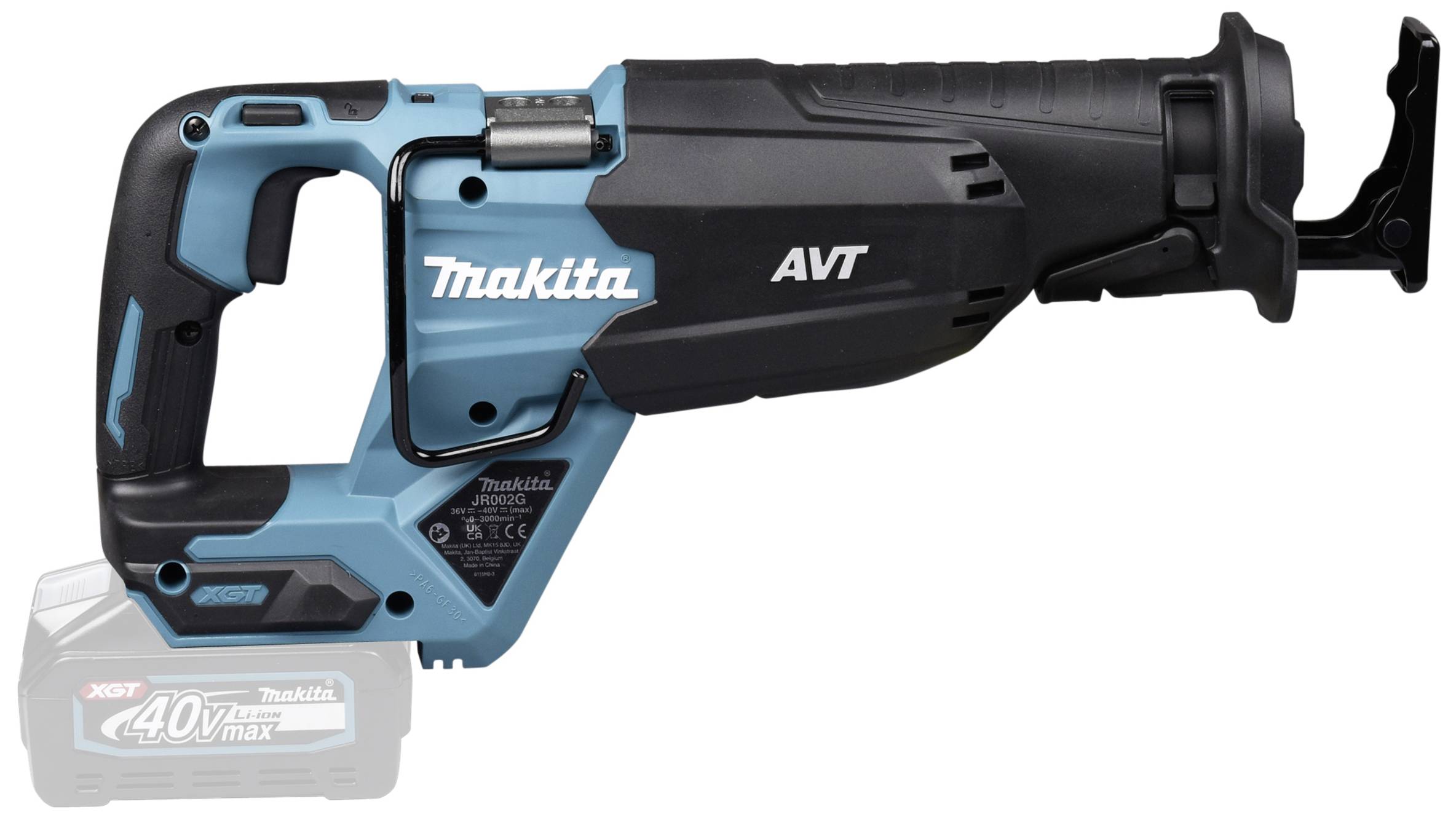 Modrá a černá bezdrátová ocasová pila Makita s ergonomickou rukojetí a akumulátorem 40V Max, vhodná pro rychlé řezání.