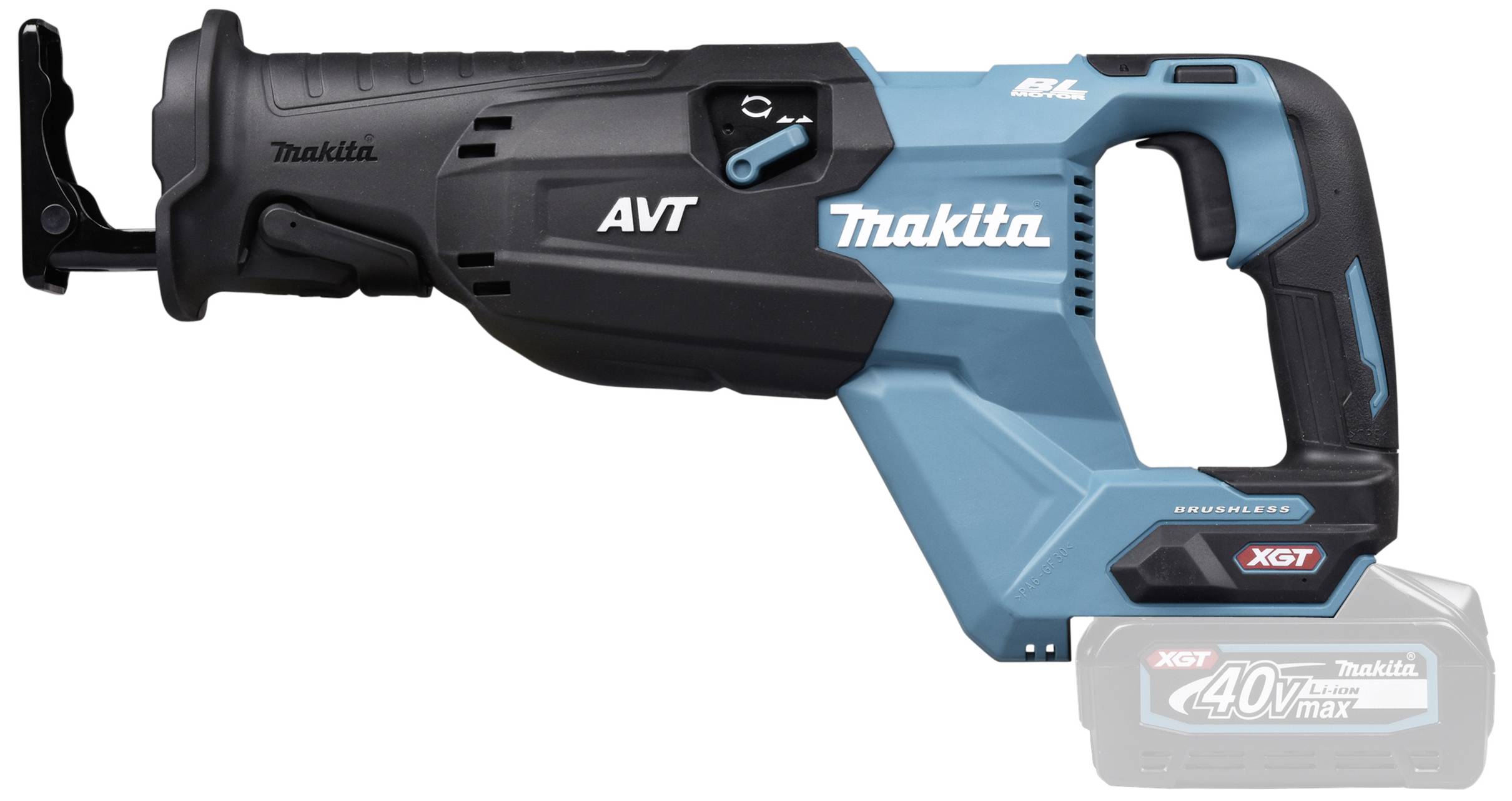 Elektrická šavlová pila Makita, model AVT, s akumulátorem 40V Max, v modro-černém provedení, vhodná pro těžké řezné práce.