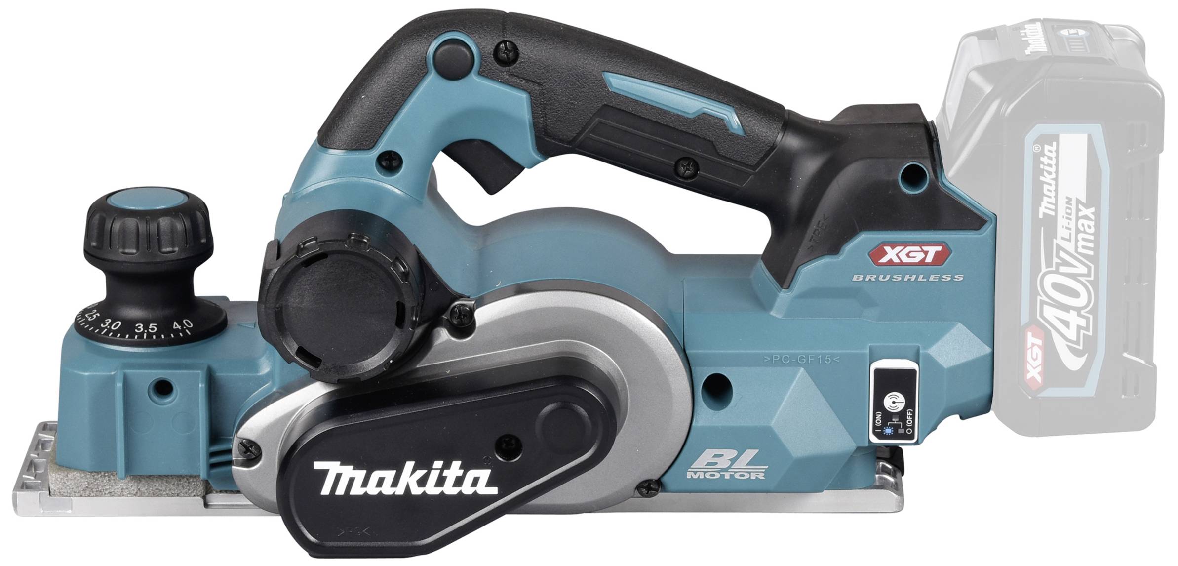 Elektrický ruční hoblík Makita, model XGT 40Vmax, s ergonomickou rukojetí a nastavitelnou tloušťkou hoblování.