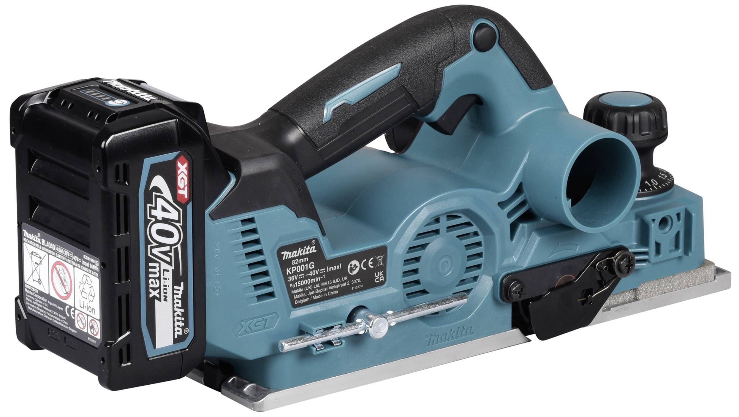 Elektrický ruční hoblík v modré a černé barvě s nápisem '40V max' na baterii.