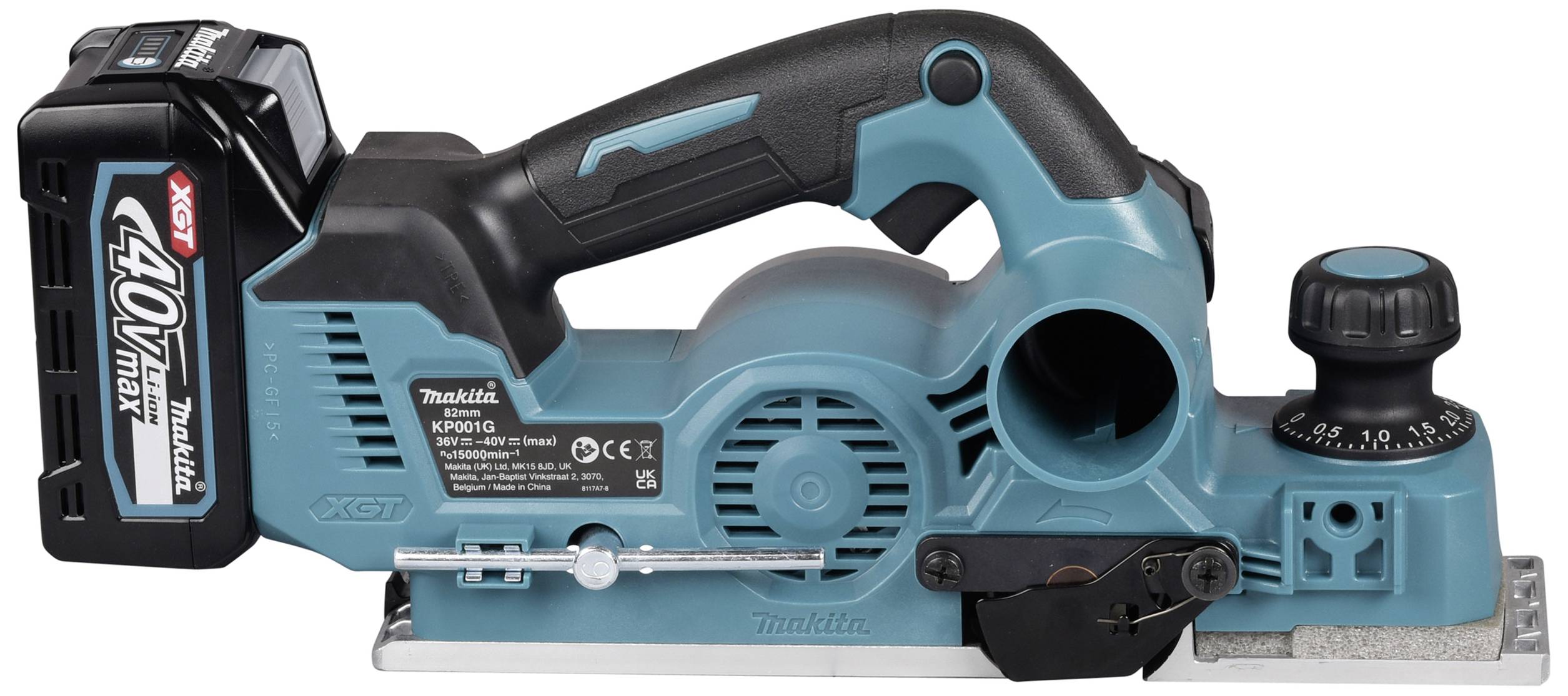 Modročerný elektrický hoblík na akumulátor s bočním otočným knoflíkem pro nastavení hloubky. Nápis: 'Makita 40Vmax'.