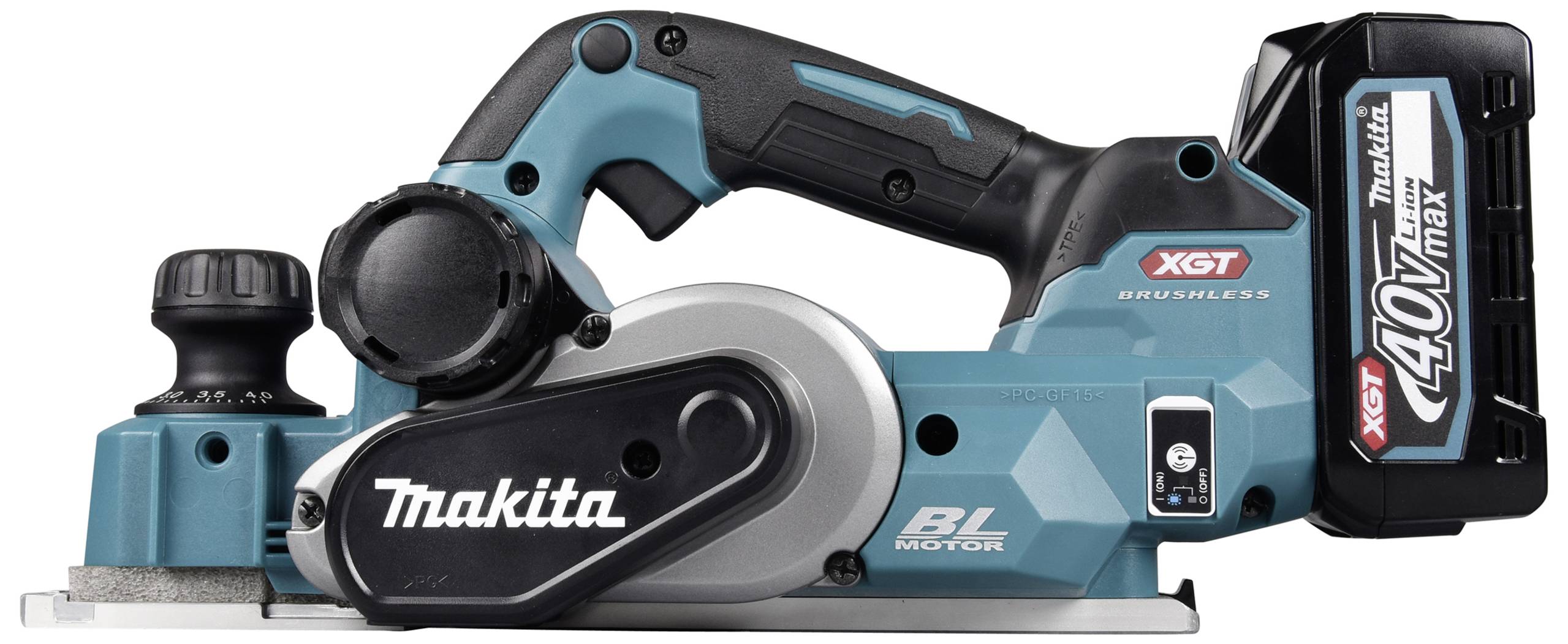 Elektrický hoblík v modré a černé barvě s nápisem 'Makita' zobrazuje model a technické parametry na straně.