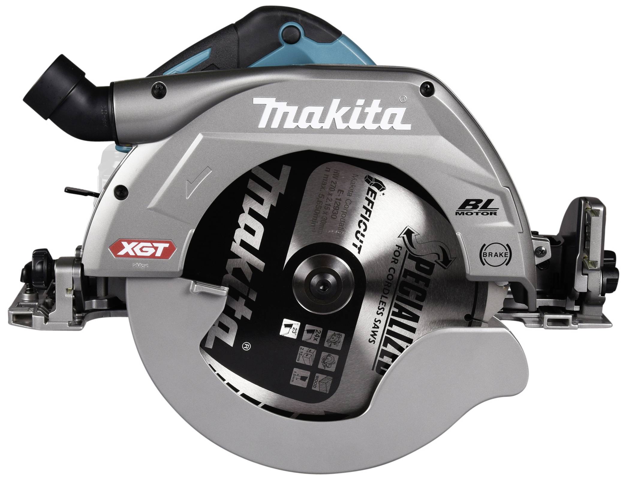 Makita kotoučová pila se stříbrným krytem a viditelným pilovým kotoučem. Má logo XGT a technologii BL motoru.