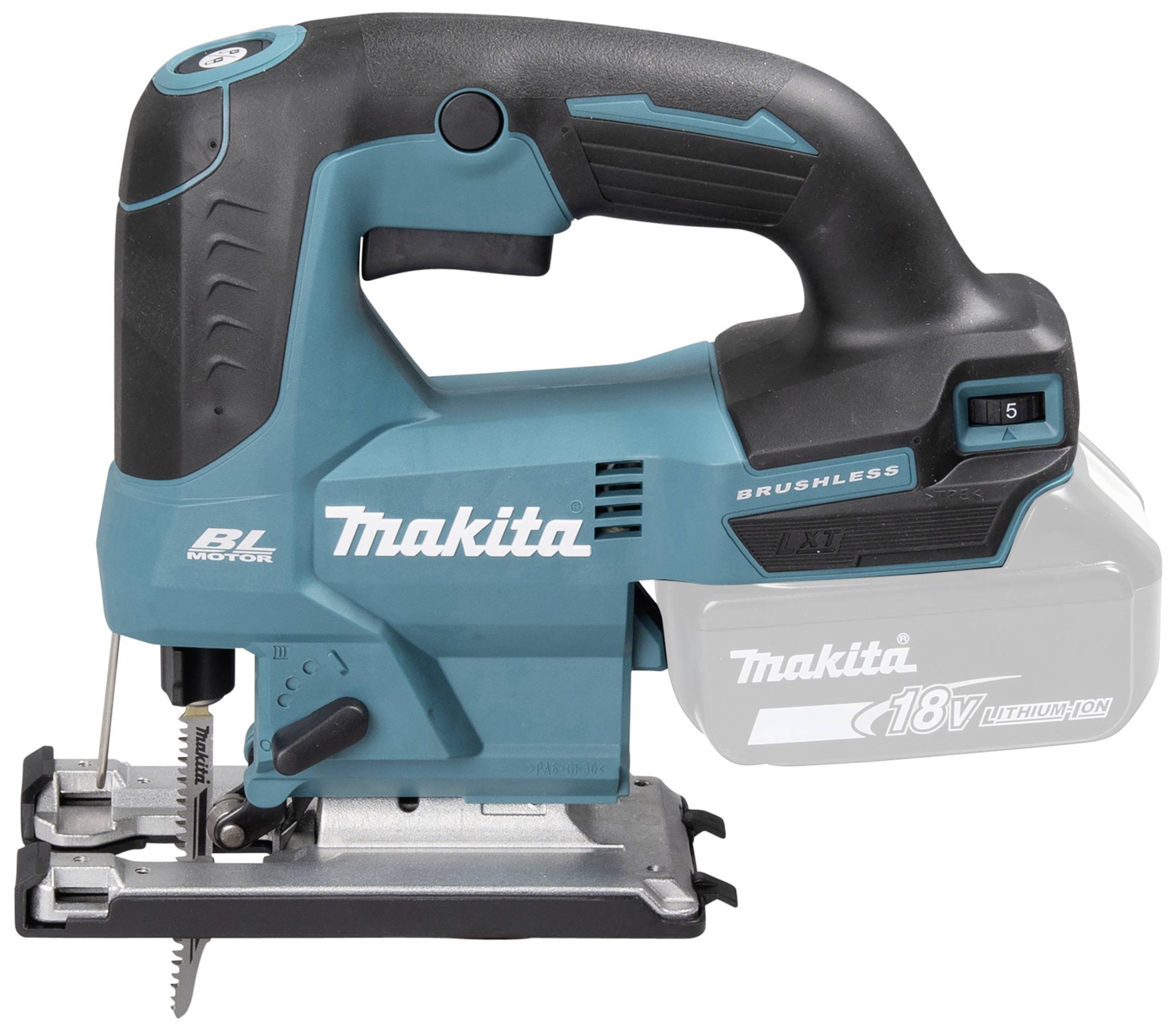 Modrá bezdrátová přímočará pila značky Makita s ergonomickou rukojetí a akumulátorem '18V lithium-ion'.