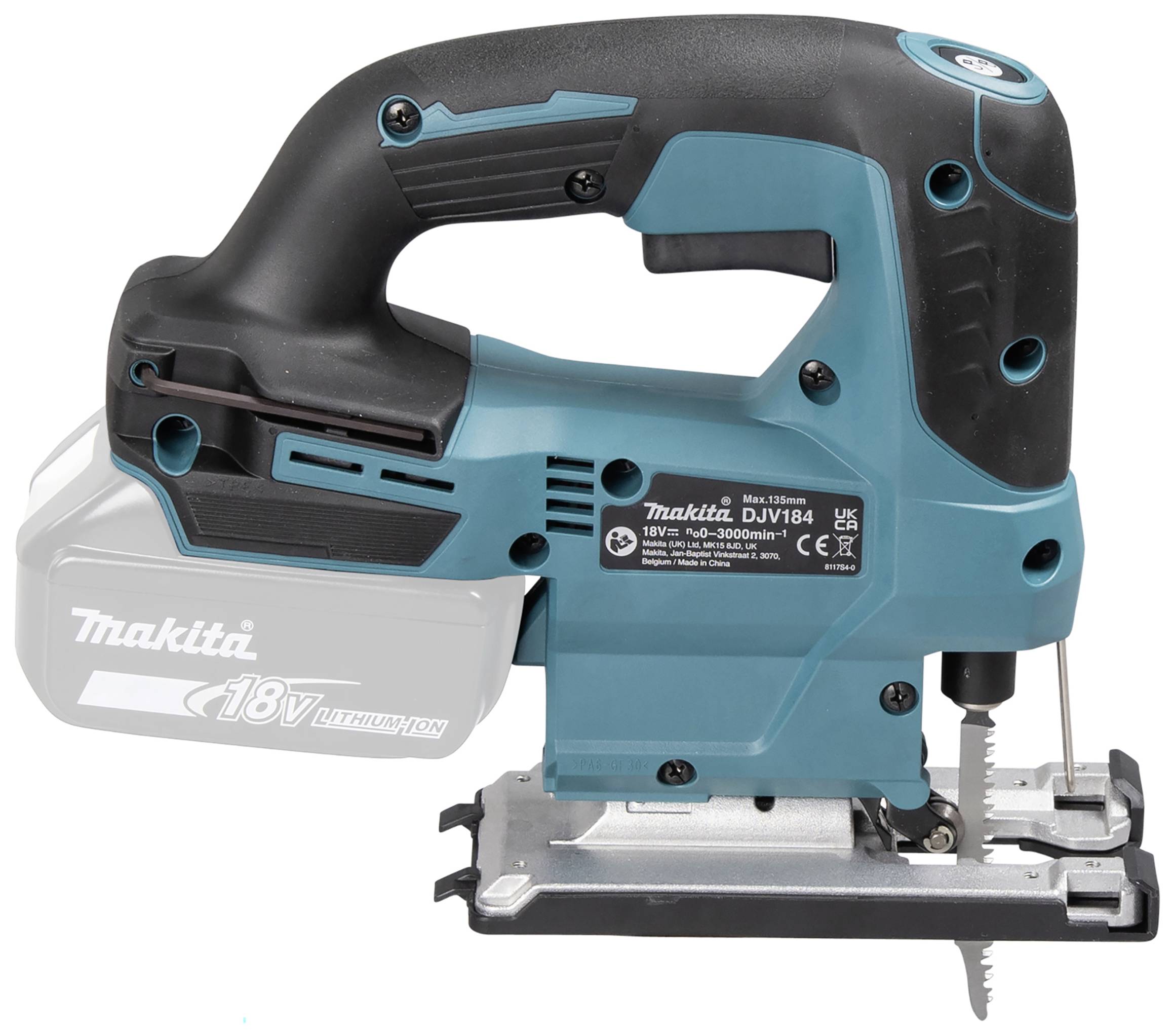 Elektrická přímočará pila s ergonomickou rukojetí a prostorem pro akumulátor, vhodná pro přesné řezání. Viditelný název značky a technické parametry.