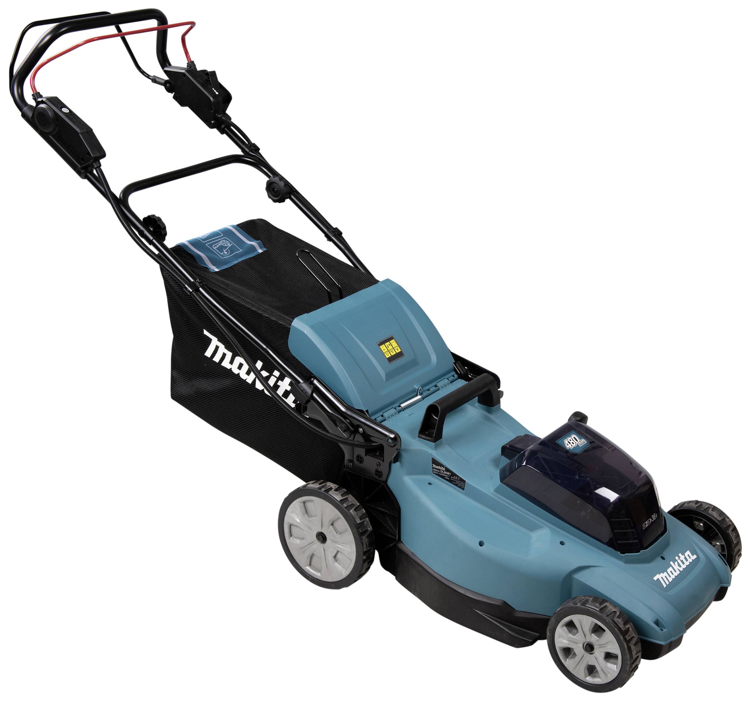 Modrá elektrická sekačka na trávu s akumulátorovým pohonem a sběrným košem. Vhodná pro středně velké zahrady. Logo značky na krytu.