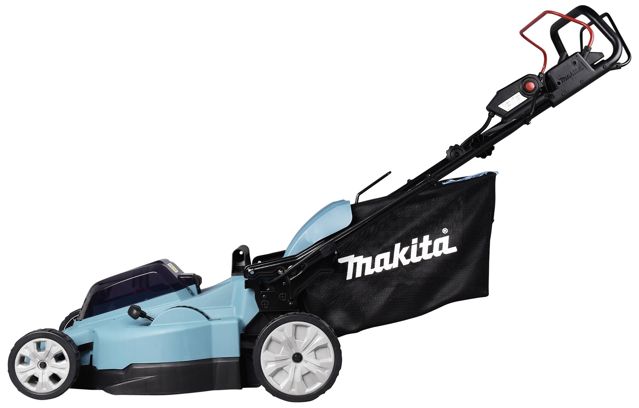 Modrá sekačka s černým sběracím košem a logem 'Makita' na boku.