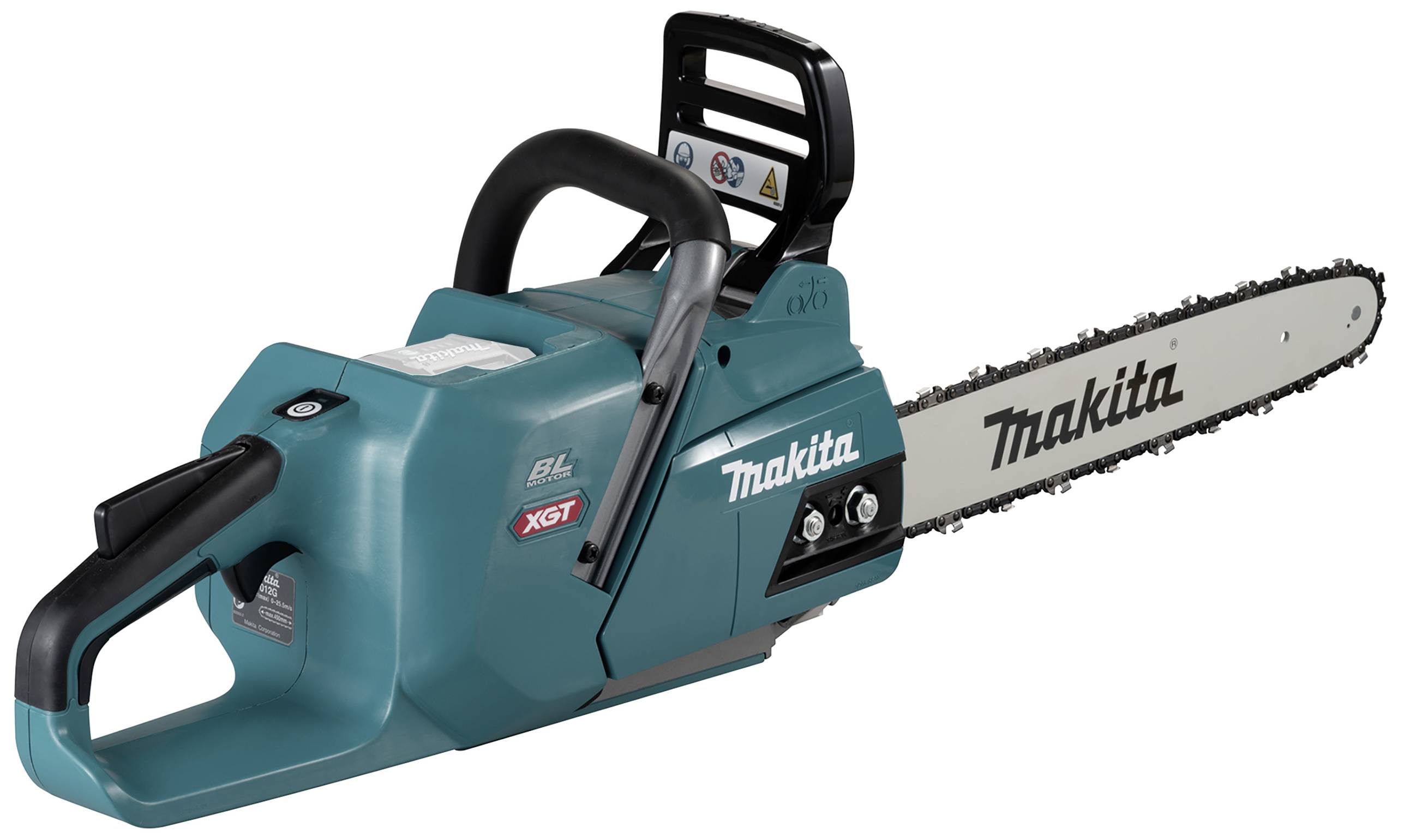Zelená elektrická řetězová pila značky Makita s označením modelu na řetězu.