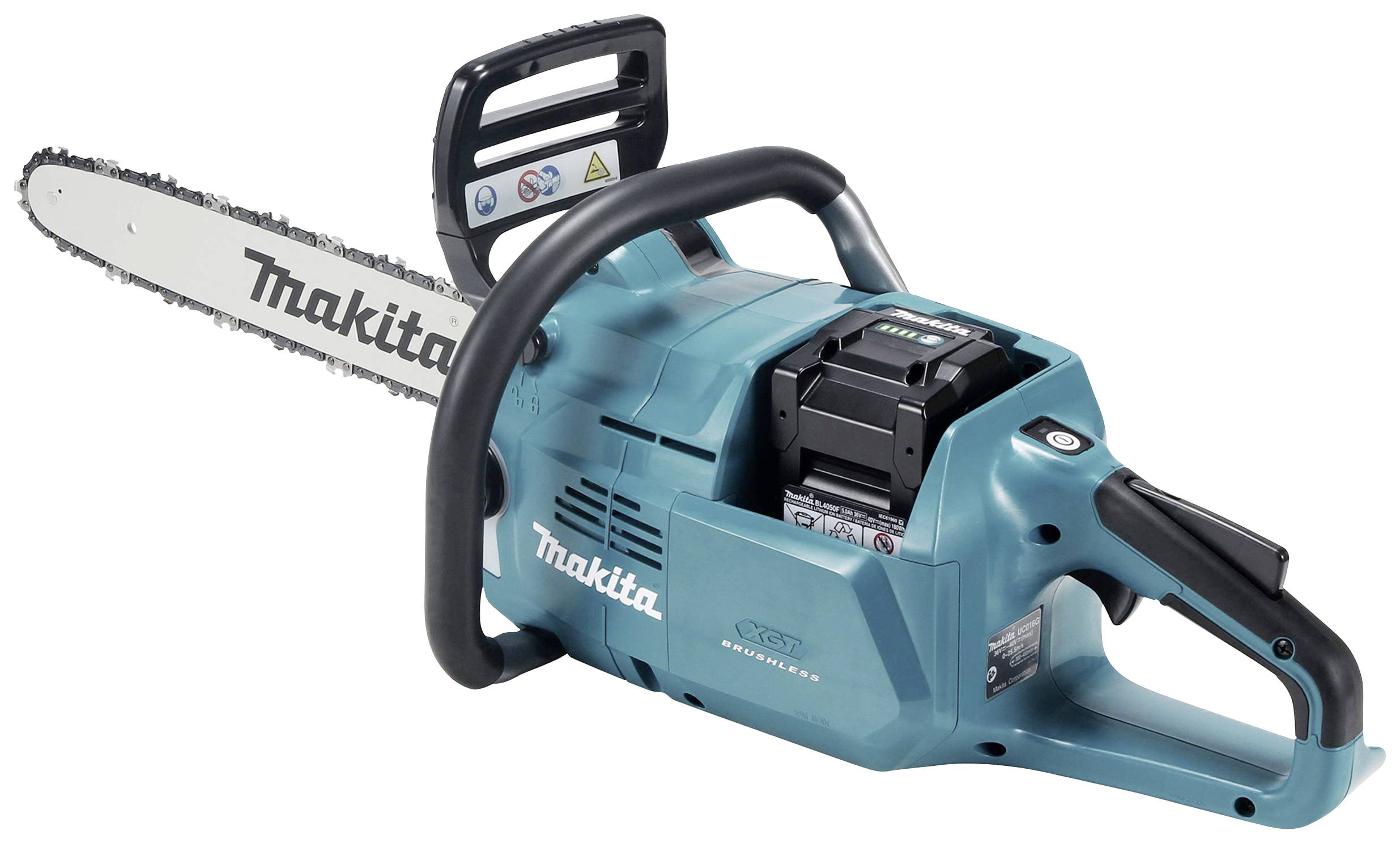 Modrá elektrická řetězová pila značky Makita, zobrazená z bočního pohledu. Je vybavena akumulátorem.