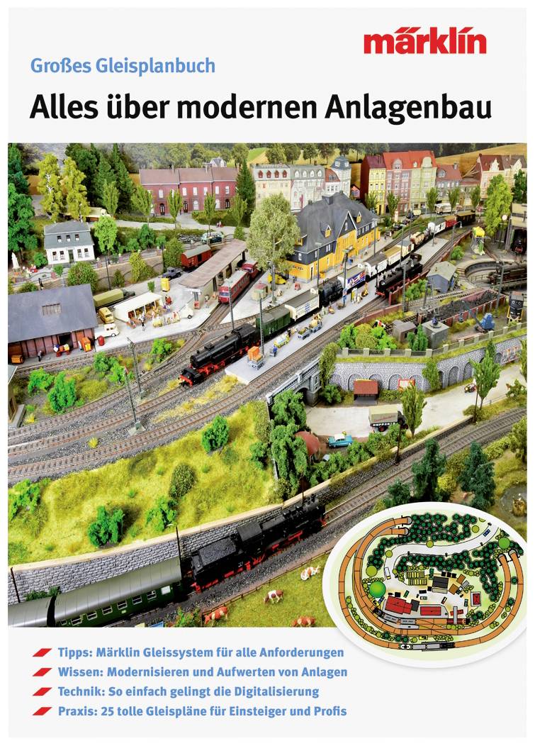 Titulní strana kolejového plánu od Märklinu s modelovou železniční dráhou. Text: 'Vše o moderní stavbě kolejiště'. Obsahuje tipy a praktické příklady.