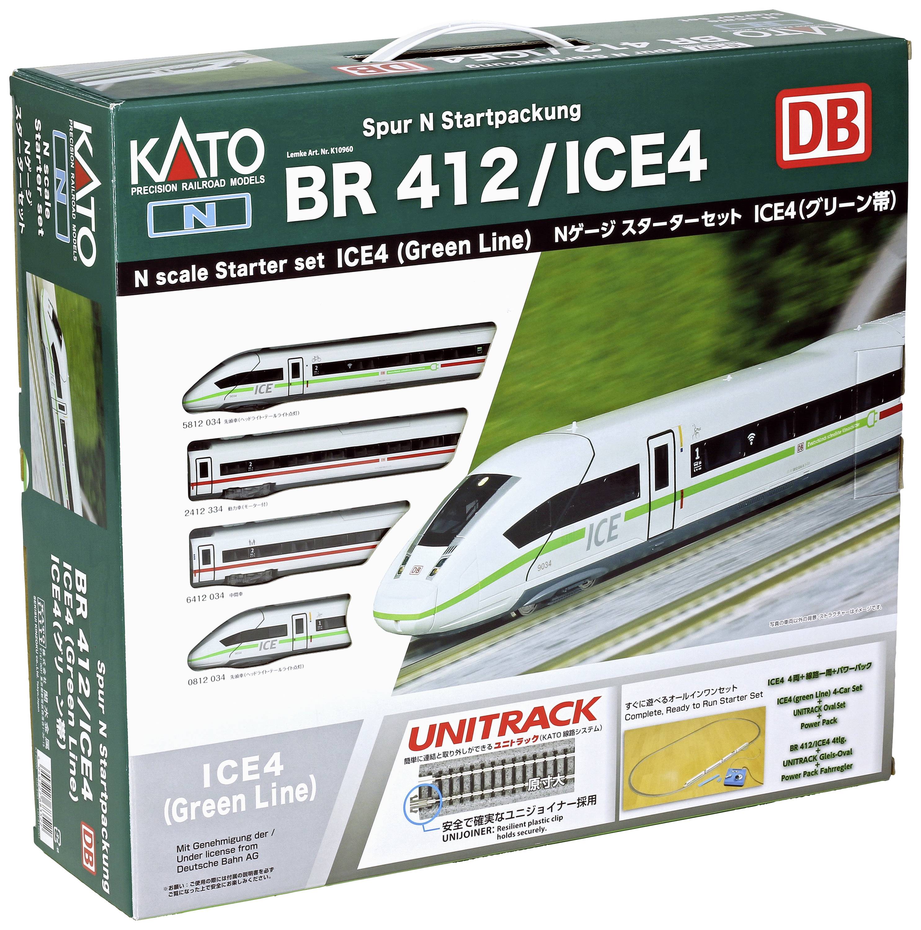 Obal startovací sady modelové železnice v měřítku N od značky KATO, řady 412/ICE4, označené jako 'Green Line'. Obsahuje vyobrazení vlaku a kolejový plán Unitrack.