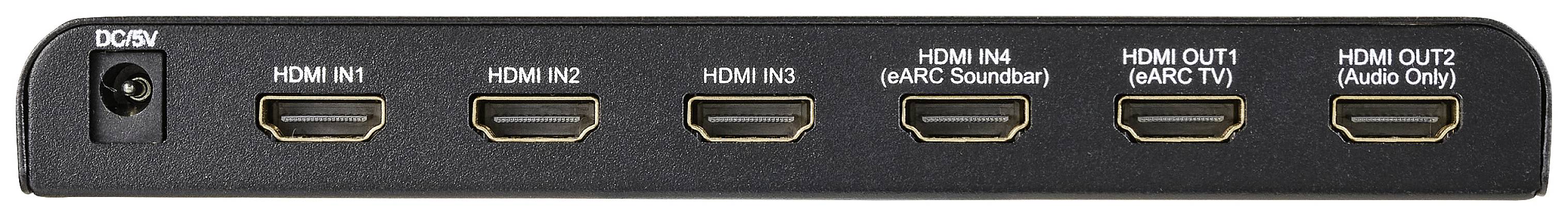 'Zadní strana HDMI přepínače se šesti porty, označená jako HDMI IN1, IN2, IN3, IN4, HDMI OUT1 (eARC soundbar), OUT2 (pouze audio).'