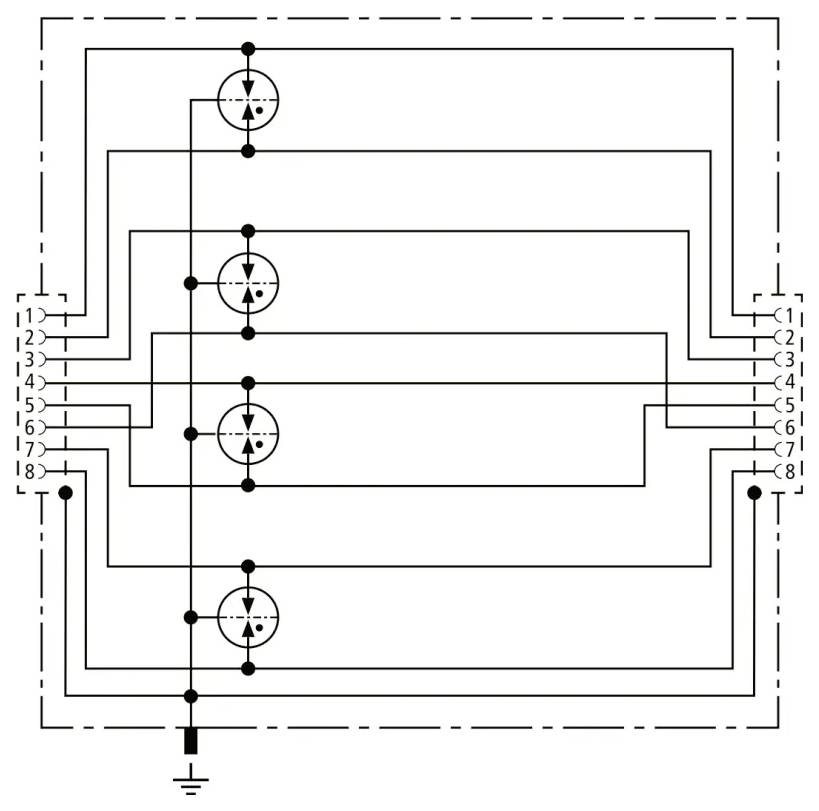 Diagram elektrického relé zapojení se čtyřmi cívkami a kontakty, vzájemně propojenými pro řízení elektrického systému, uzemněnými ve spodní části.