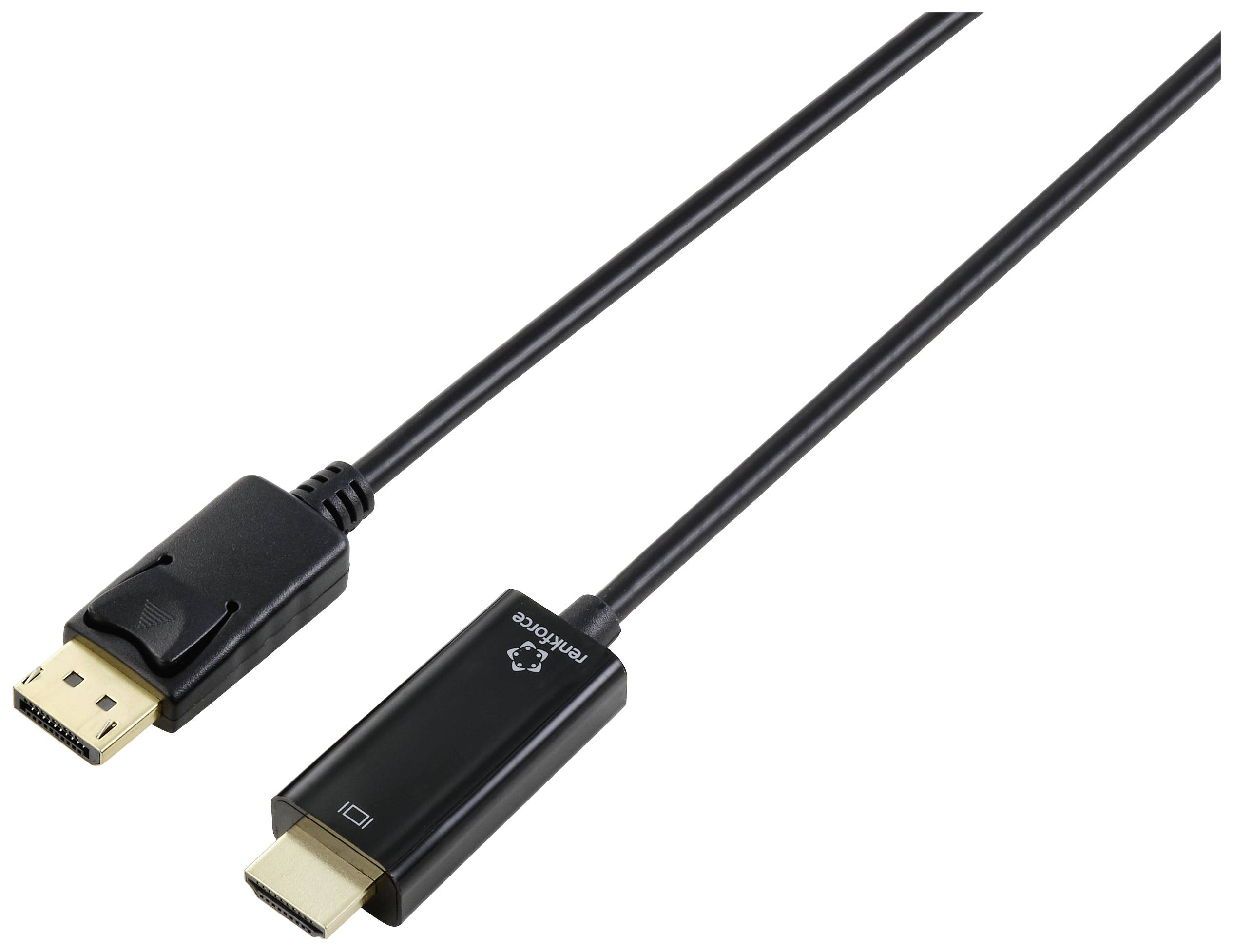 Černý kabel s konektorem DisplayPort na jedné straně a konektorem HDMI na straně druhé, používaný pro videokonektivitu.