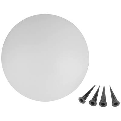 Kulatá bílá LED lampa vedle čtyř černých zemních kolíků; slouží k osvětlení venkovních prostor.