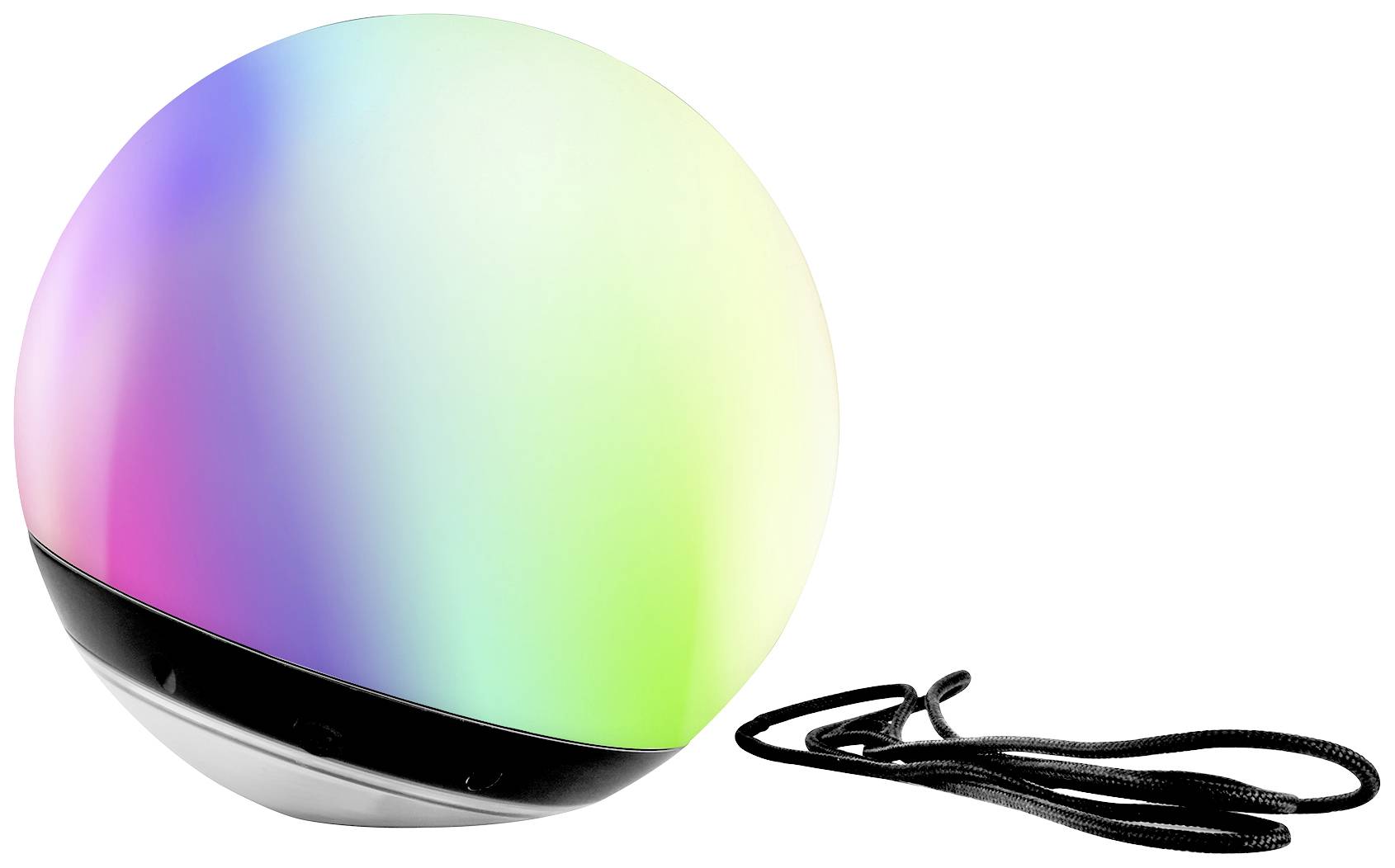 Barevná kulová lampa s přechodem barev z růžové do zelené a modré. Černý kabel vedle ní.