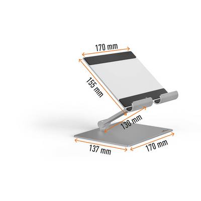 Stojan na tablet s nastavitelným ramenem, rozměry: výška 155 mm, šířka 170 mm, hloubka 137 mm, úhel naklonění 130 mm.