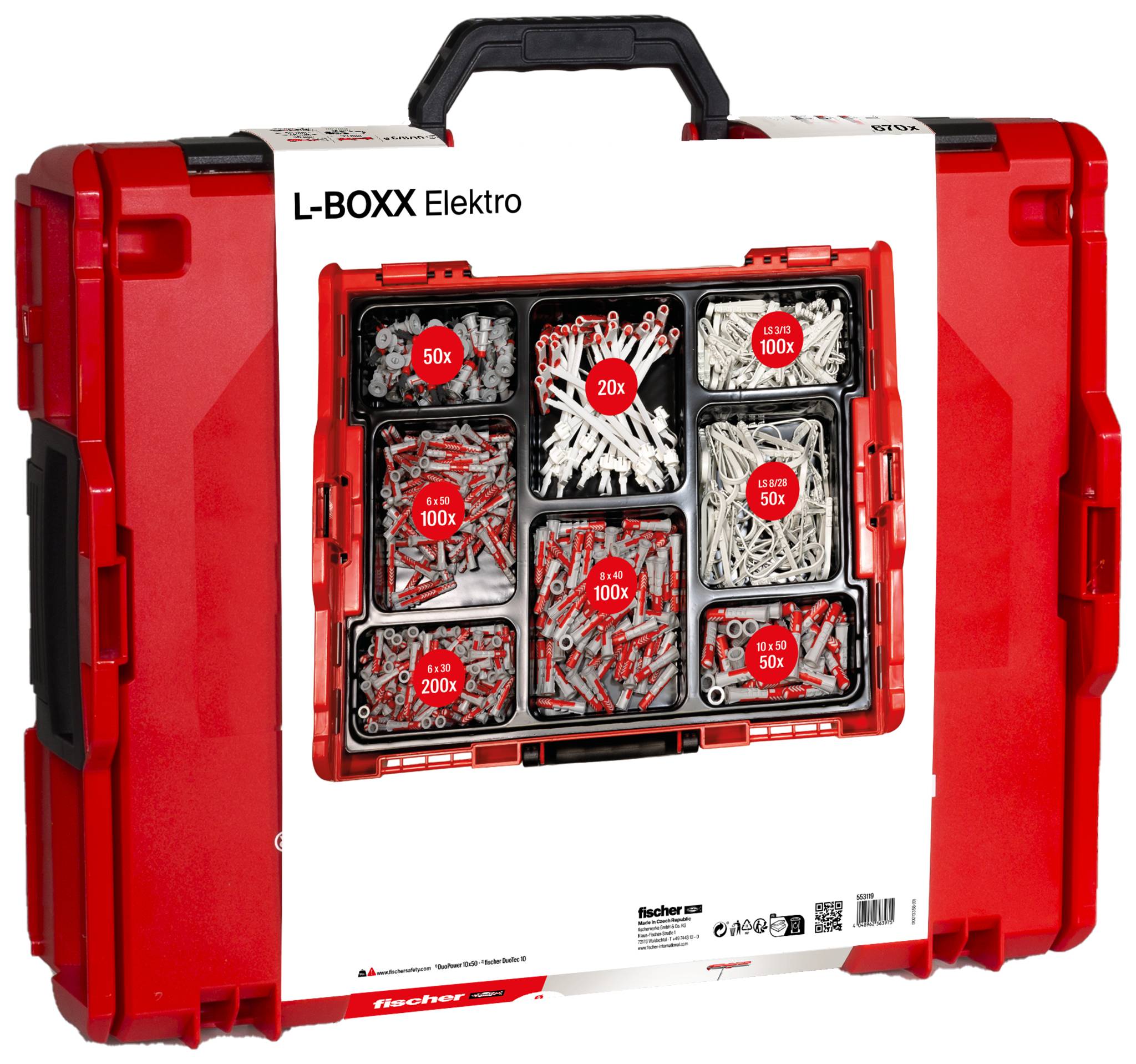 Červený kufřík na nářadí s nápisem 'L-BOXX Elektro'. Obsahuje různé hmoždinky a šrouby v různých množstvích.