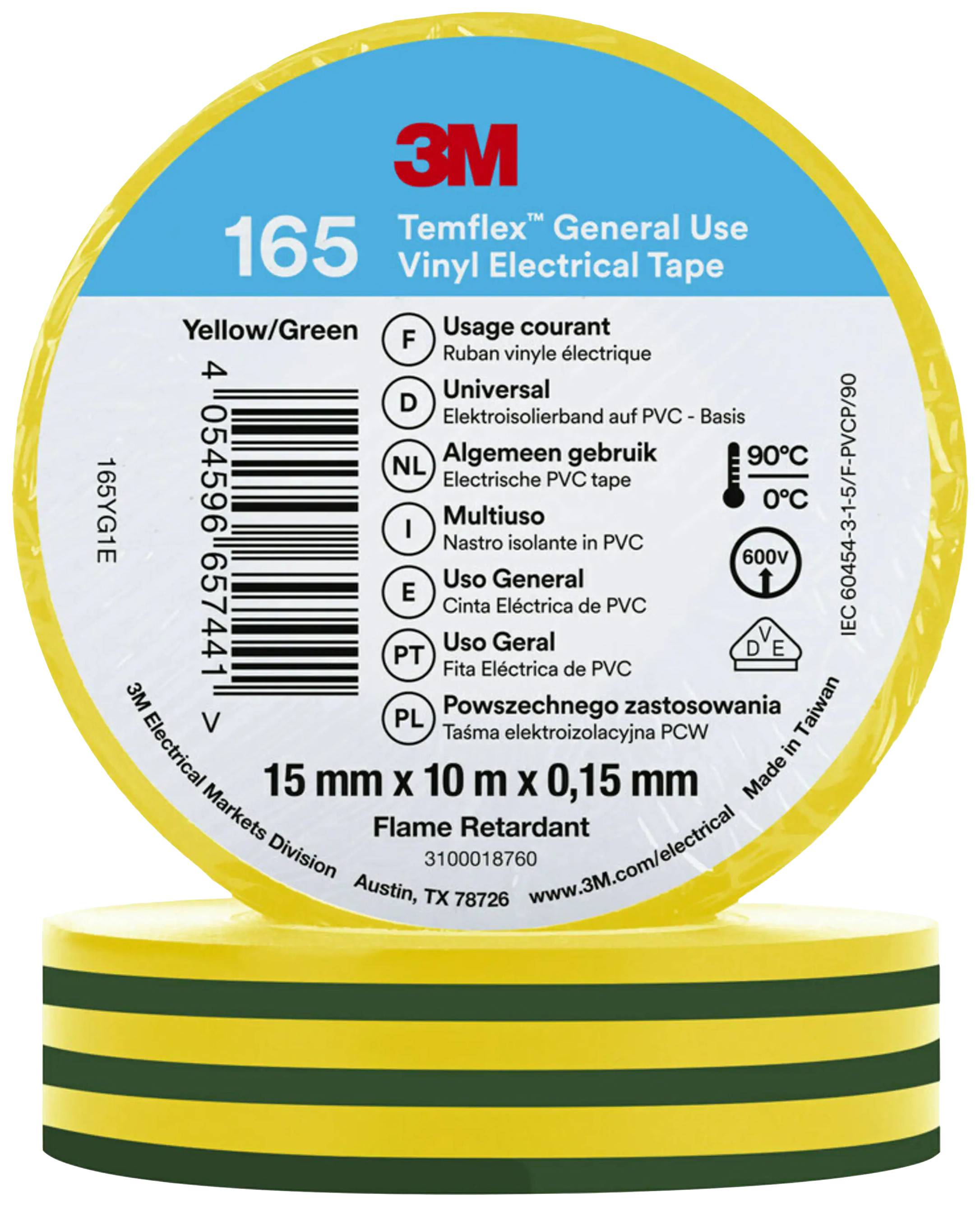 Žluto-zelená PVC elektroizolační páska, šířka 15 mm, délka 10 m, tloušťka 0,15 mm. Značka 3M, nehořlavá, univerzálně použitelná.