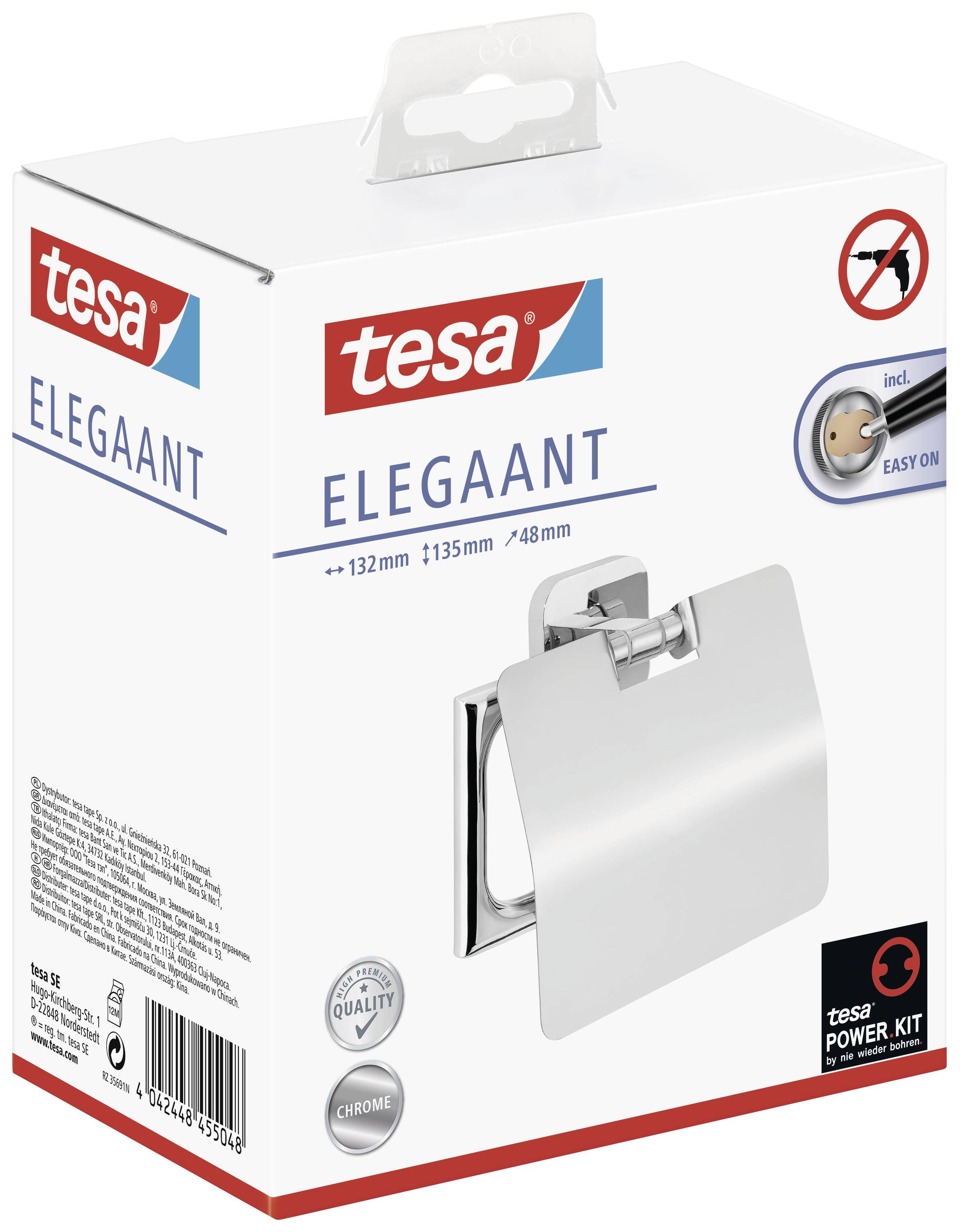 Balení držáku na toaletní papír značky tesa s názvem 'Elegance', zobrazený s rozměry 132 mm x 1135 mm x 48 mm v chromovém provedení.