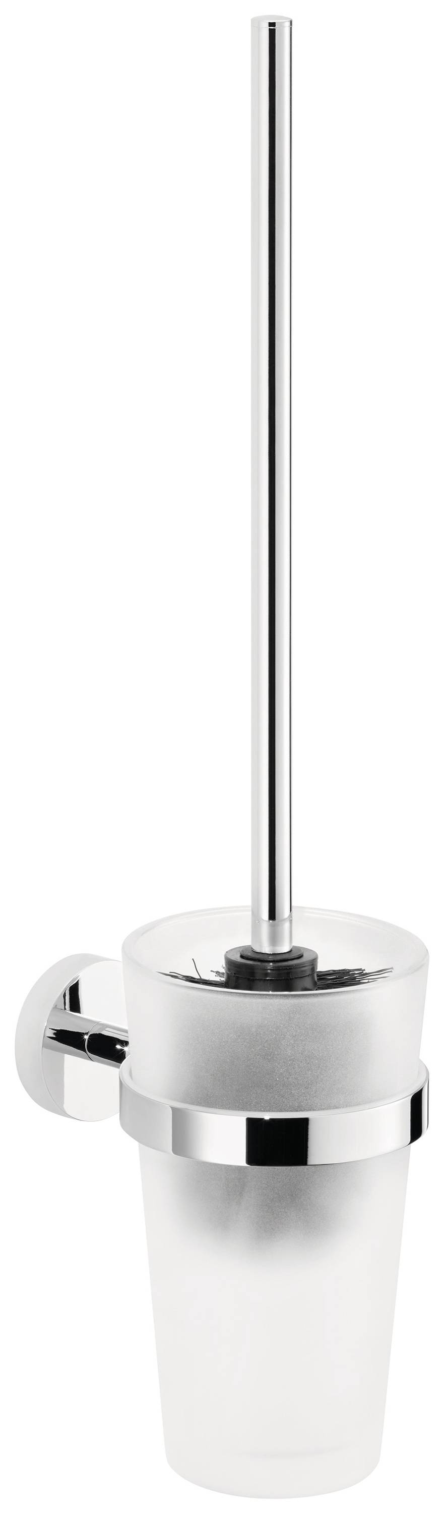 Toaletní kartáč s držákem, moderní design, nerezová ocel a matné sklo, určený k montáži na stěnu.