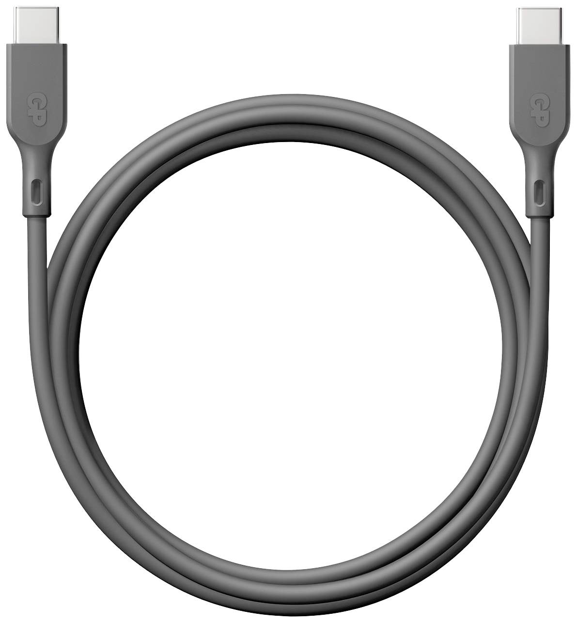 Šedý kabel USB-C na USB-C, který se používá pro přenos dat nebo nabíjení zařízení.