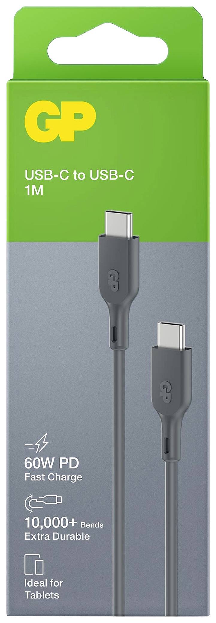 'USB-C na USB-C kabel, 1m, zelený obal. 60W PD, rychlé nabíjení, odolný přes 10.000 ohybů, ideální pro tablety.'