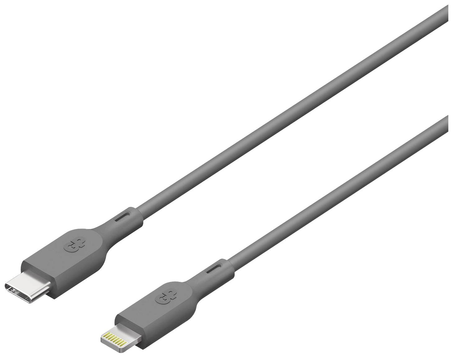 Šedý USB-C na Lightning kabel, vhodný pro nabíjení a přenos dat.
