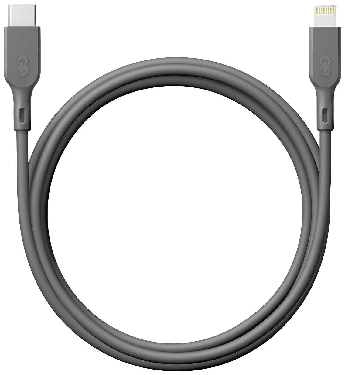 Černý kabel s konektory USB-C a Lightning, vhodný pro nabíjení a přenos dat mezi kompatibilními zařízeními.