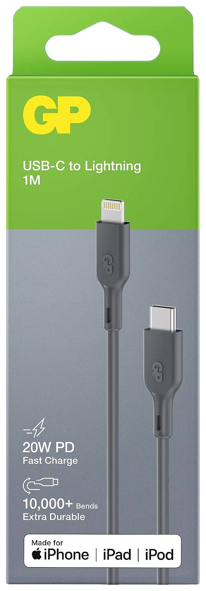 Obal zobrazuje šedý kabel USB-C na Lightning (1 m) od společnosti GP, vhodný pro iPhone, iPad a iPod, s podporou 20W rychlého nabíjení.