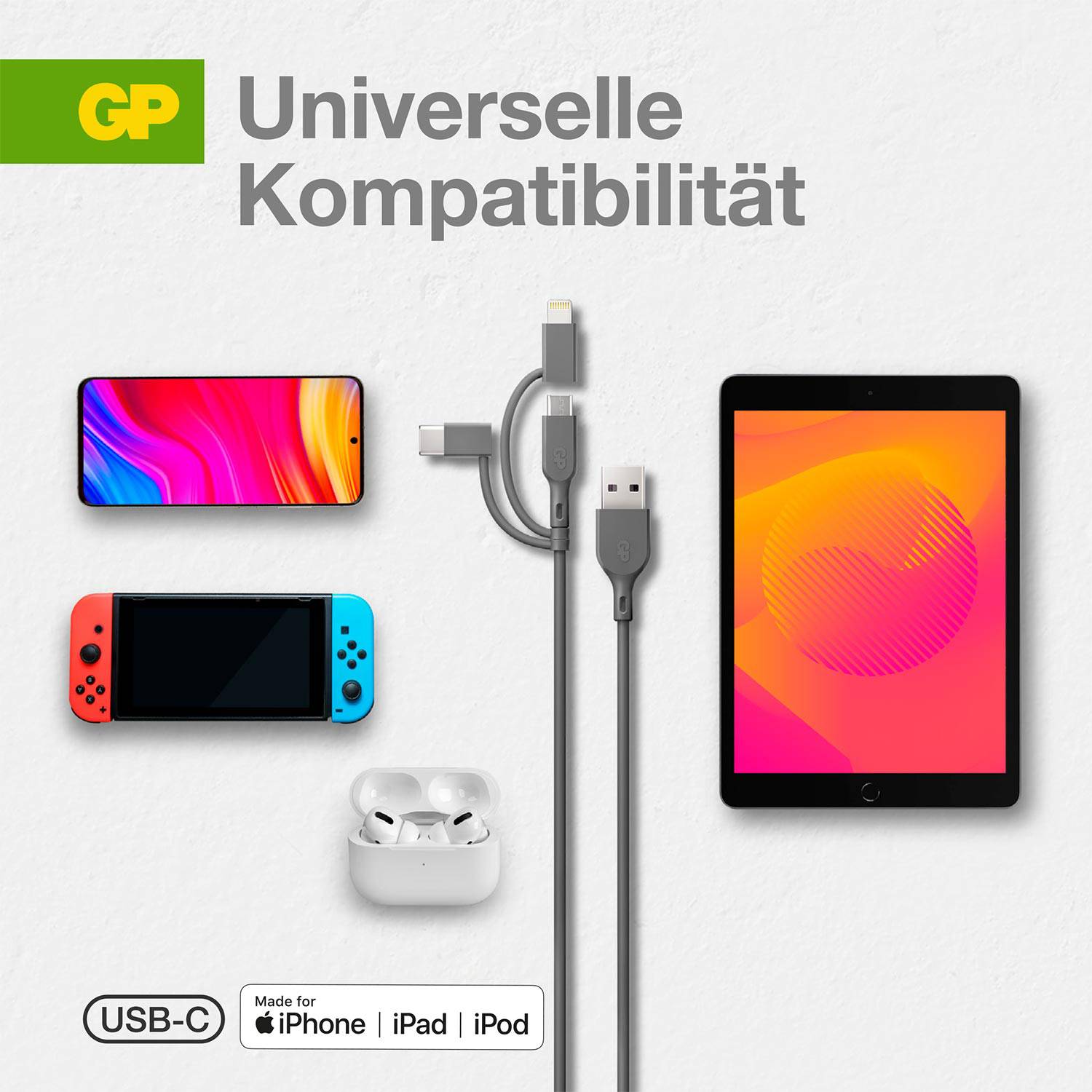 Univerzální kompatibilita. Zobrazeny jsou smartphone, zařízení Nintendo, sluchátka a tablet s kabelem USB-C. Kompatibilní s iPhone, iPad, iPod.