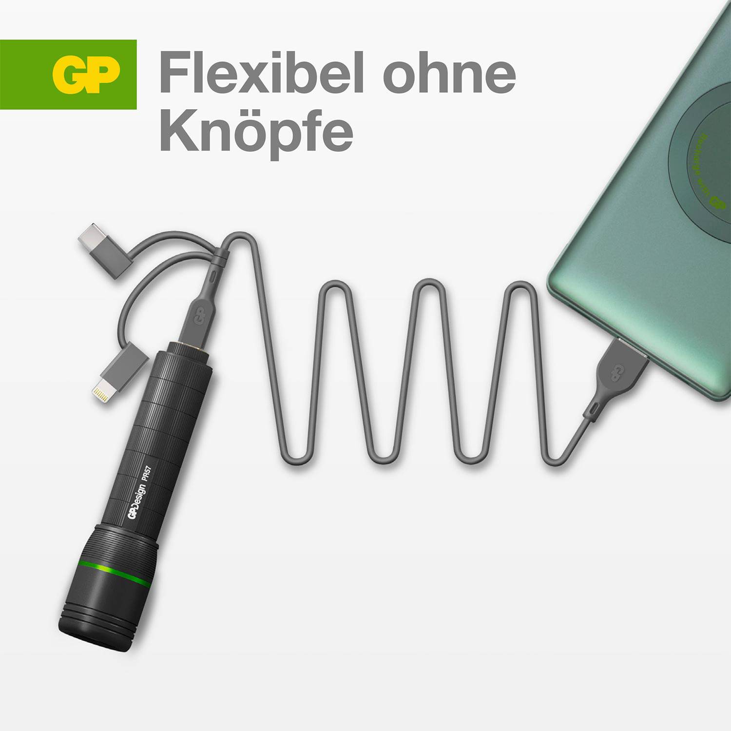 Flexibilní kapesní svítilna s ohebným kabelem je připojena k mobilnímu telefonu. Text: 'Flexibilní bez tlačítek'.