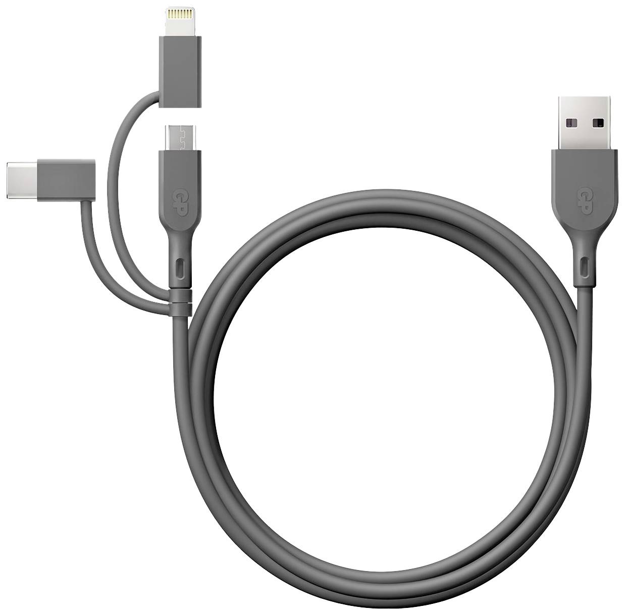 Šedý USB kabel se třemi konektory: Lightning, USB-C a Micro-USB. Vhodný pro různá zařízení.