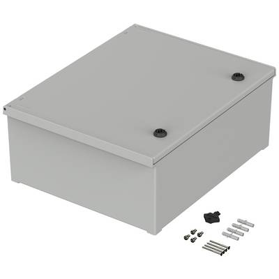 Šedý kovový box s odnímatelným víkem, dvěma černými šrouby na horní straně, vedle kterých jsou upevňovací materiály jako šrouby a hmoždinky.